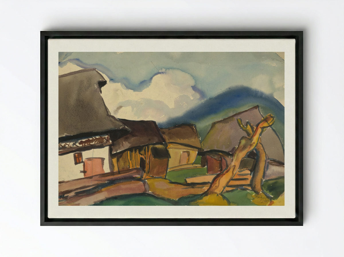 Village Scene - Zolo Palugyay - Framed Canvas Black