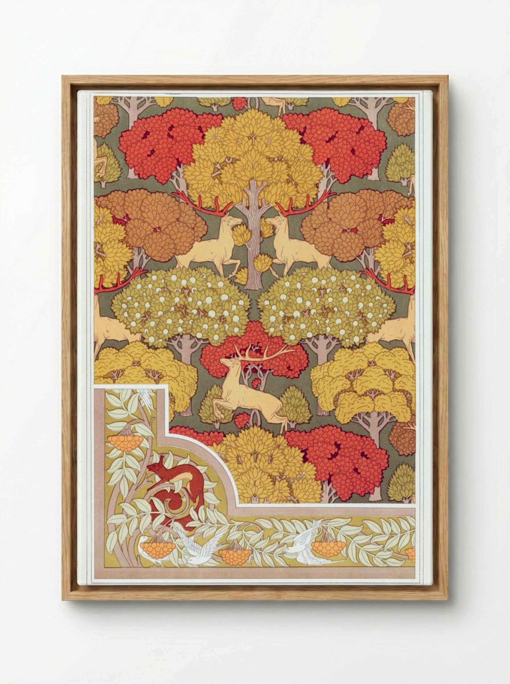 Cerfs et Arbres (Wallpaper Design with Deer and Trees) - Maurice Pillard Verneuil - Framed Canvas Wood
