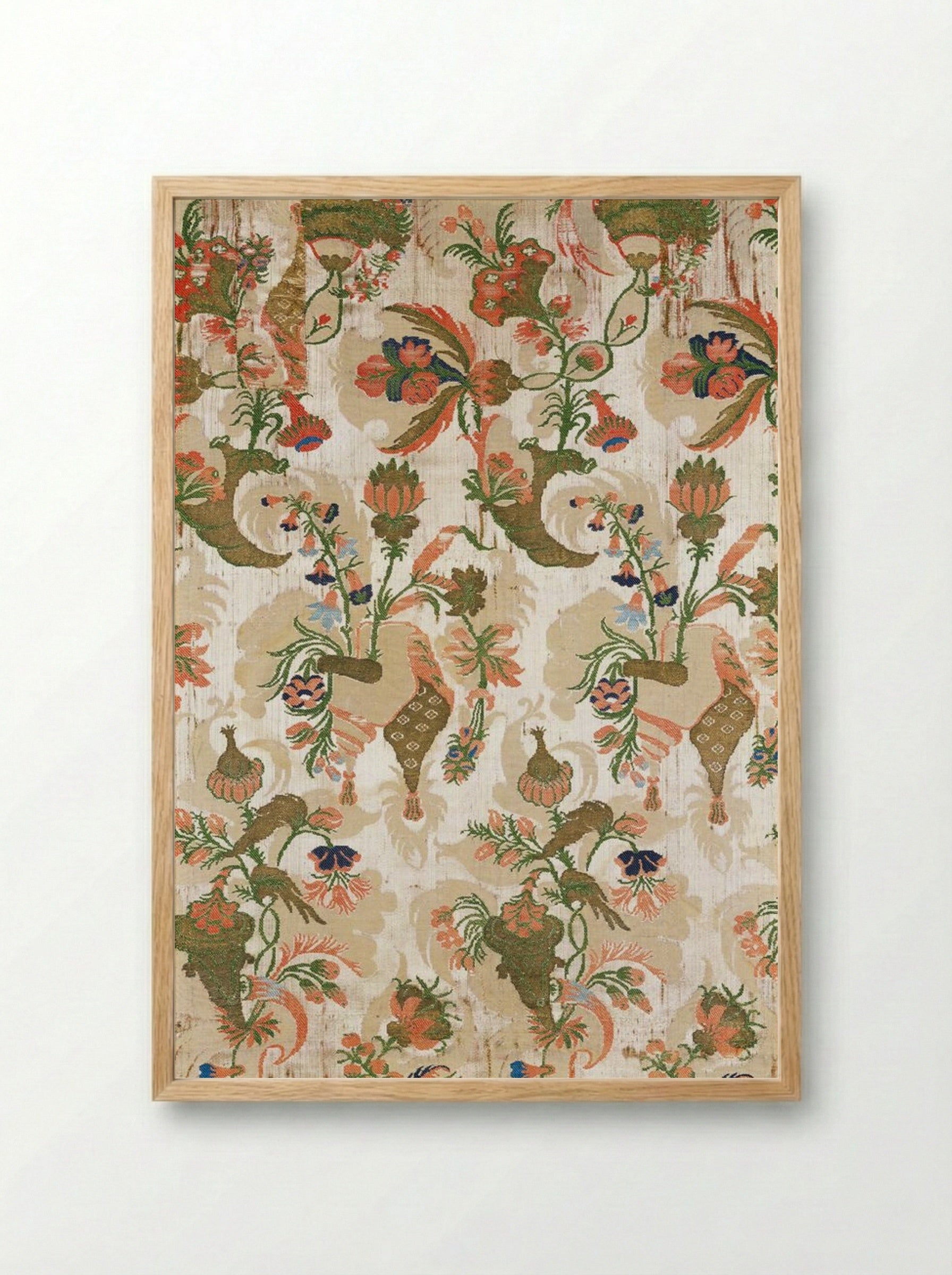 Panel (Floral and Bird Pattern, Textile Design) - Fine Art Print - Framed Print Wood