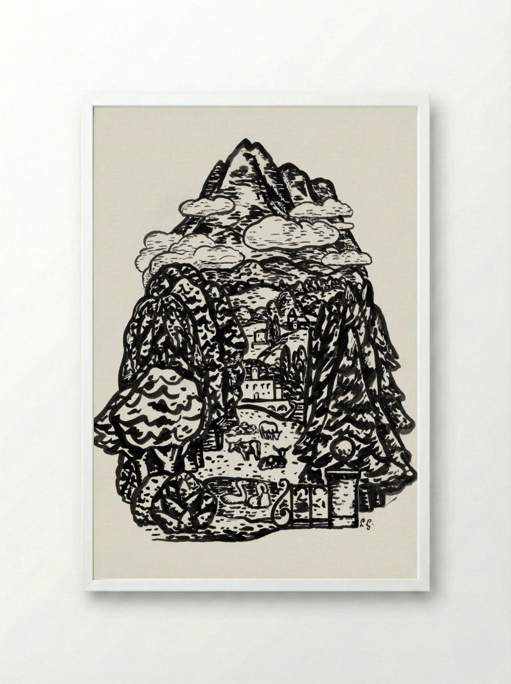 Mountain Landscape with Cows and Swans - Leo Gestel - Framed Print White