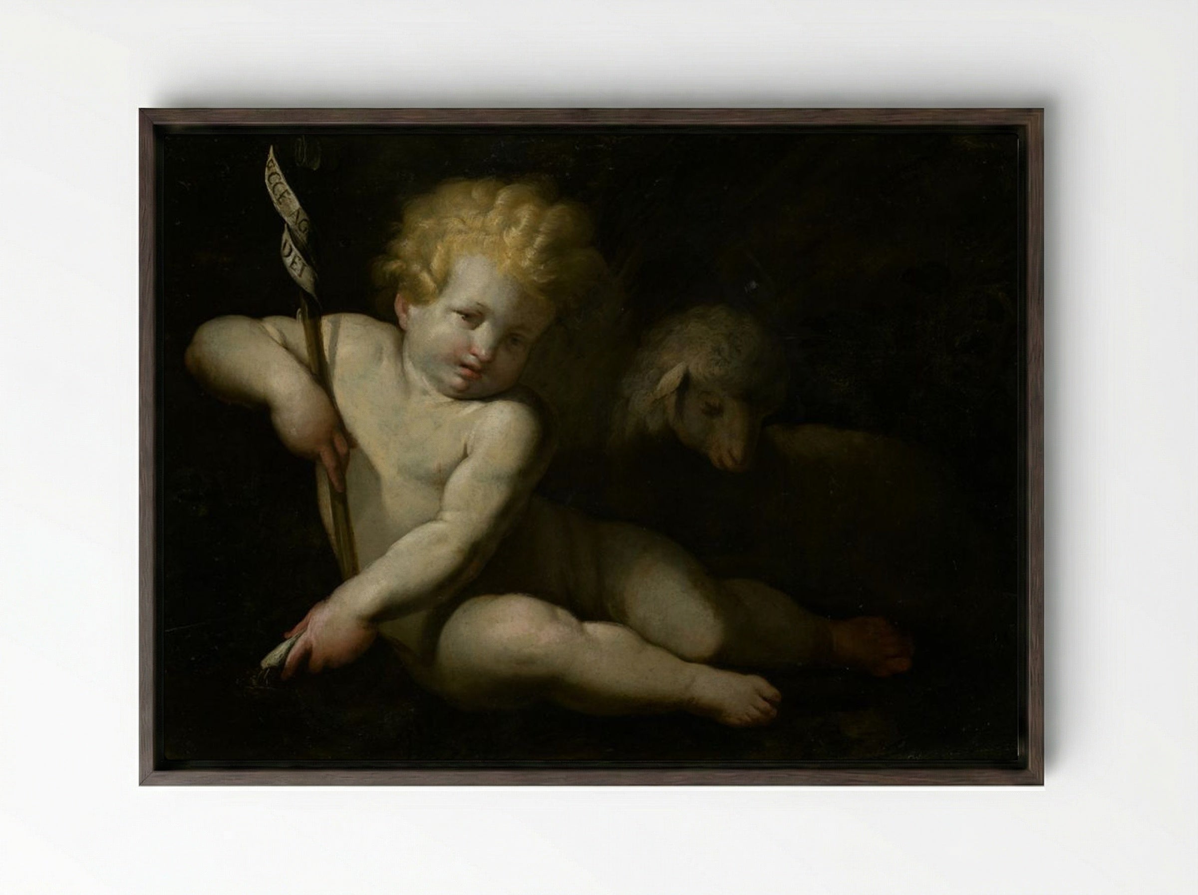 Ecce Agnus Dei (Infant Saint John the Baptist with Lamb) - Bartolomé Esteban Murillo - Framed Canvas Dark Wood