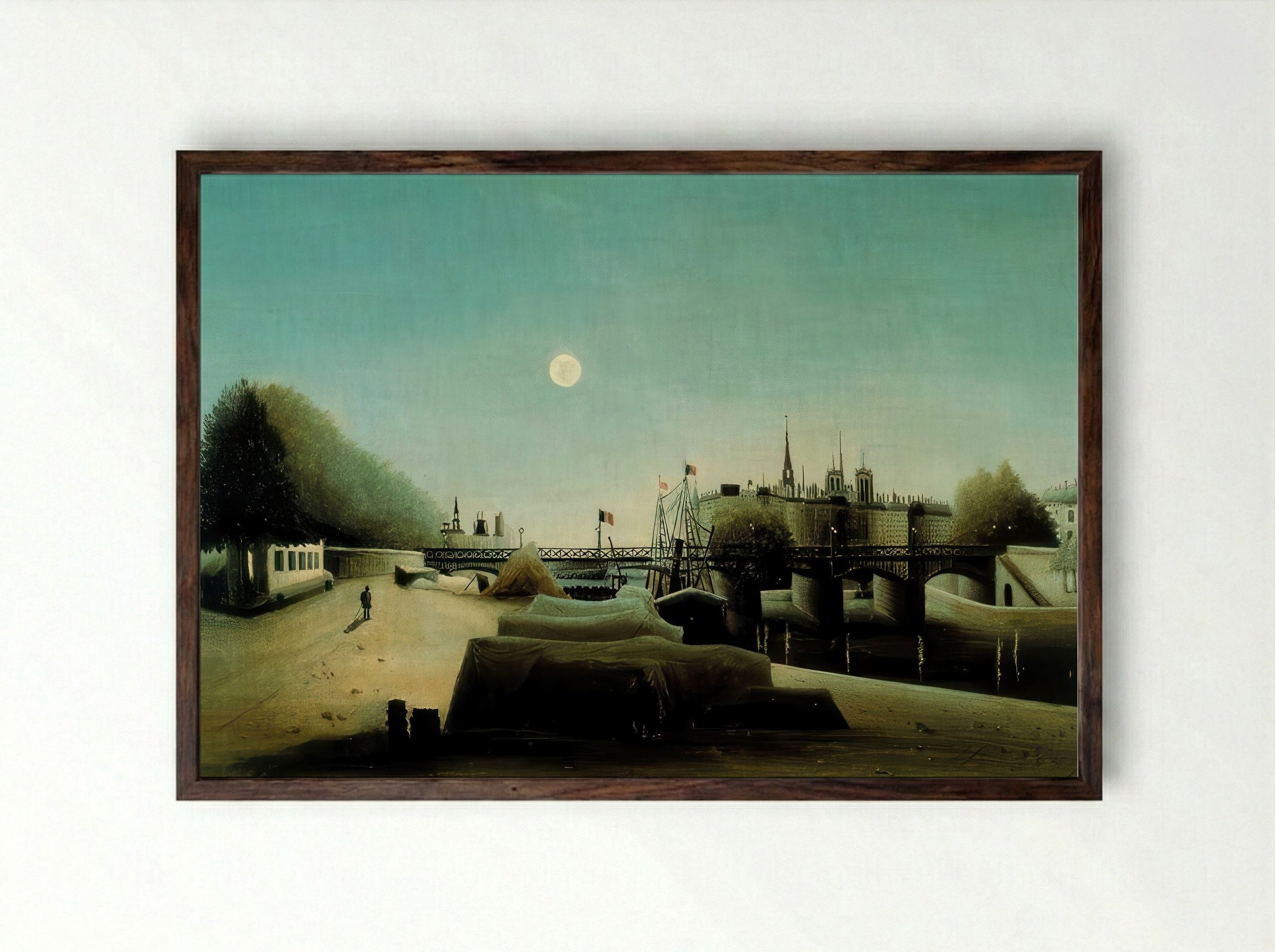 A View of the Île Saint Louis from Port Saint Nicolas at Evening by Henri Rousseau – Naïve Art Paris River Scene Print - Framed Print Dark Wood