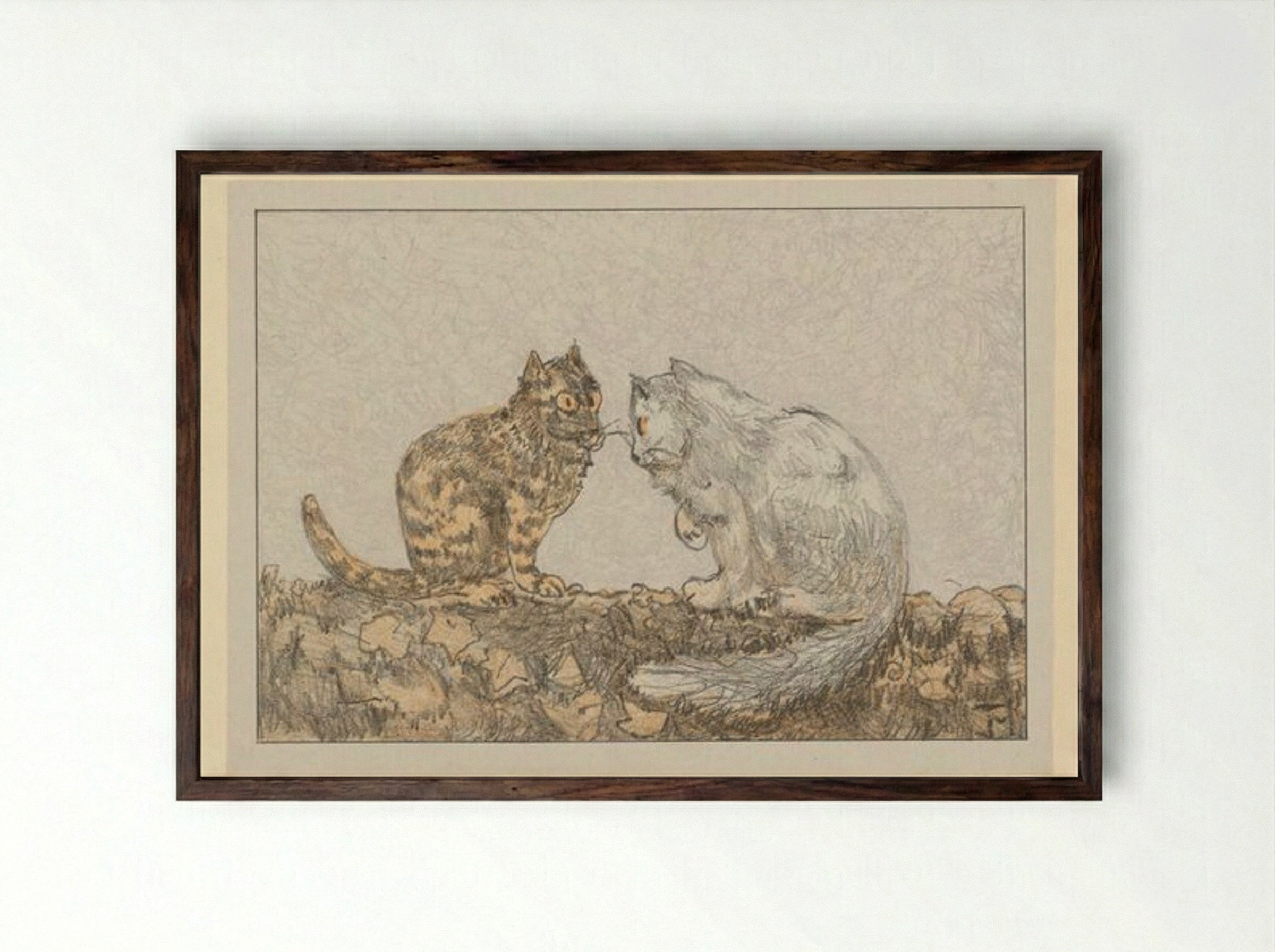 Two Cats on a Wall - Theo van Hoytema - Framed Print Dark Wood