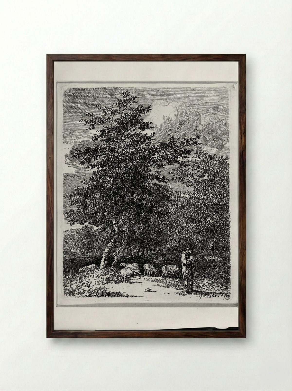 Landscape with Shepherd Watching his Sheep - Thomas Gainsborough - Framed Print Dark Wood