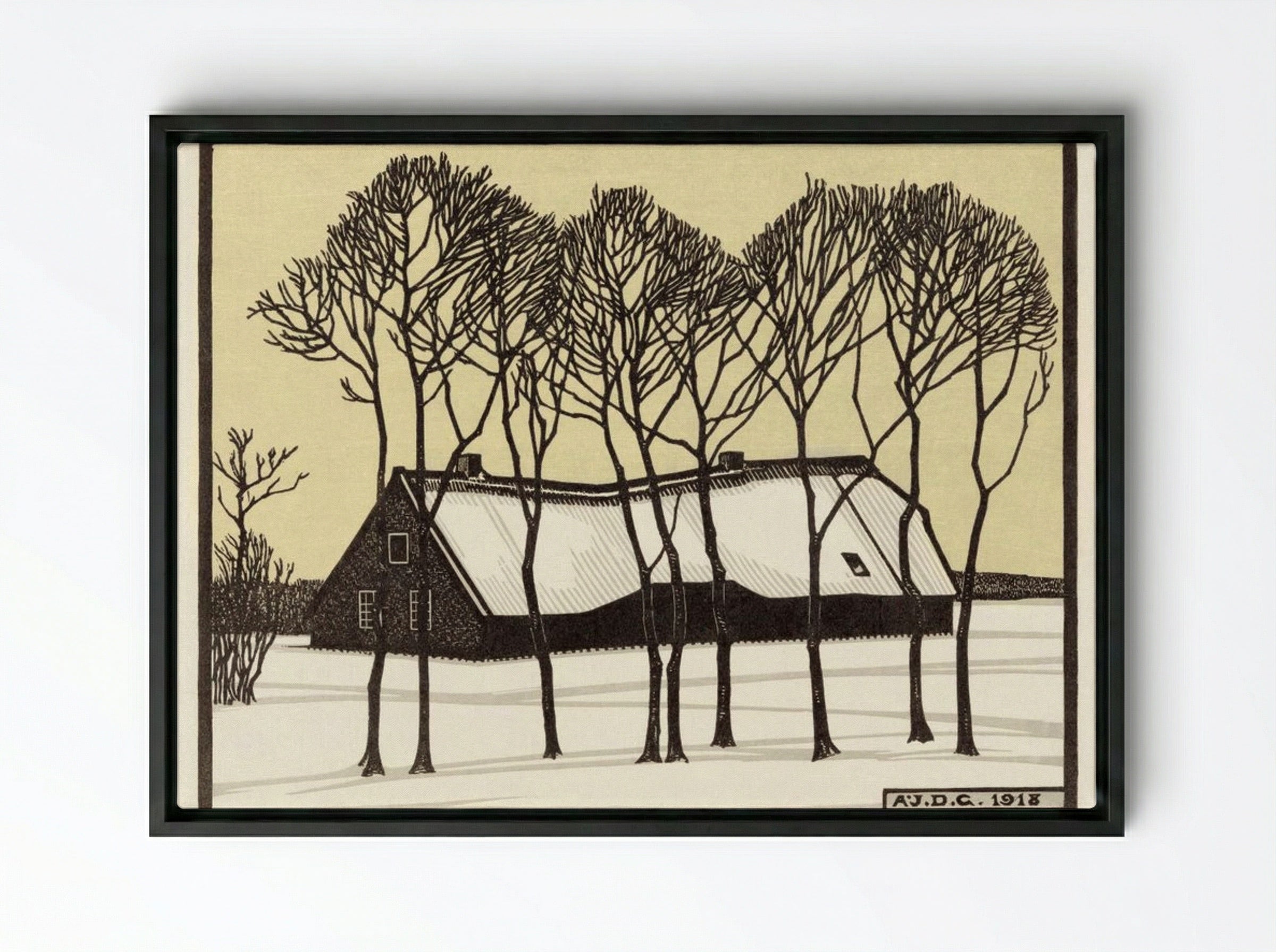Farm in the Snow - Julie de Graag - Framed Canvas Black