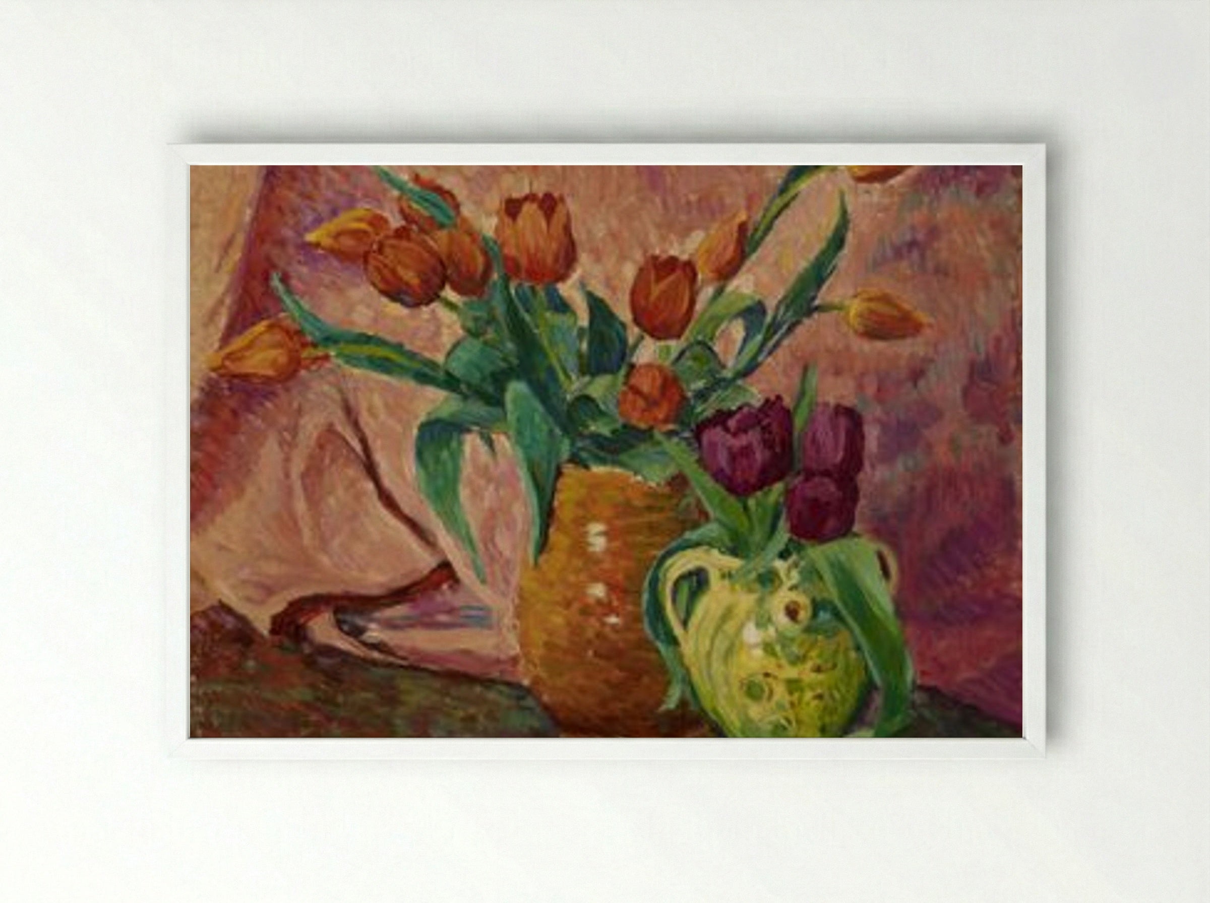 Two Vases with Tulips - Alfred William Finch - Framed Print White