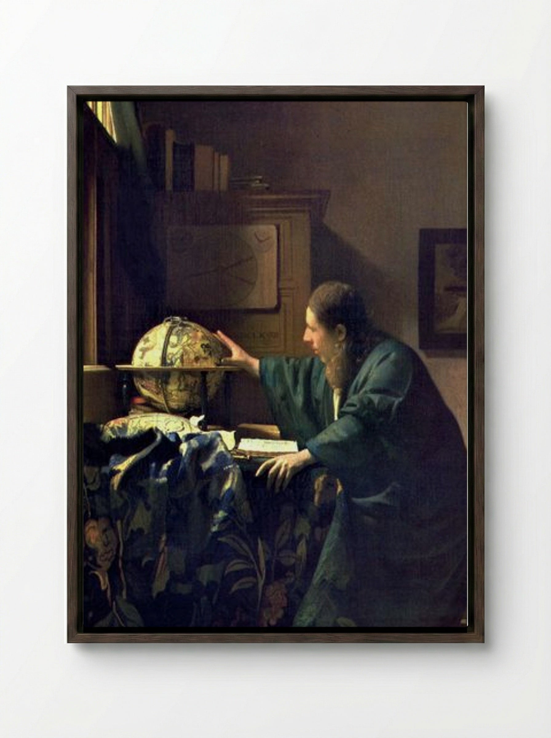 The Astronomer - Johannes Vermeer - Framed Canvas Dark Wood