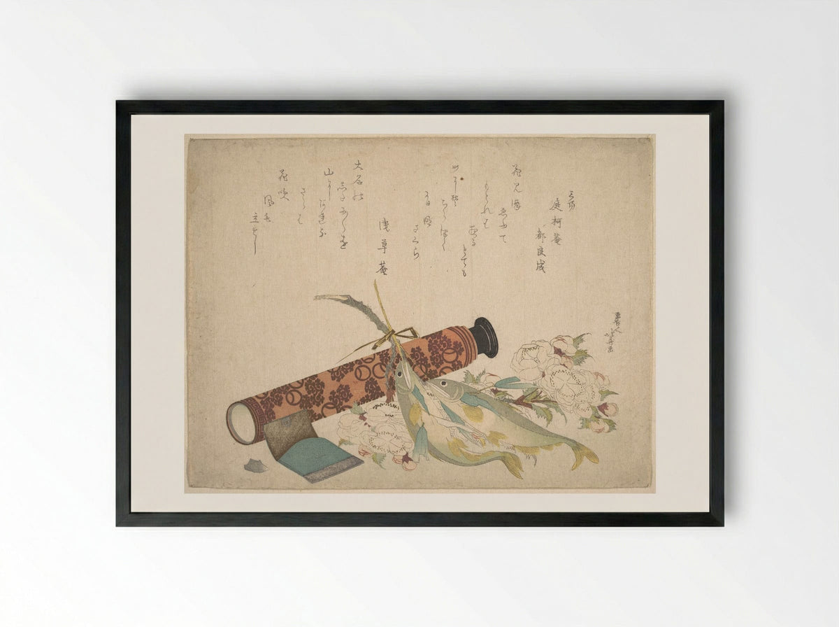 Still Life: Double Cherry-Blossom Branch, Telescope, Sweet Fish, and Tissue Case - Katsushika Hokusai - Framed Print Black
