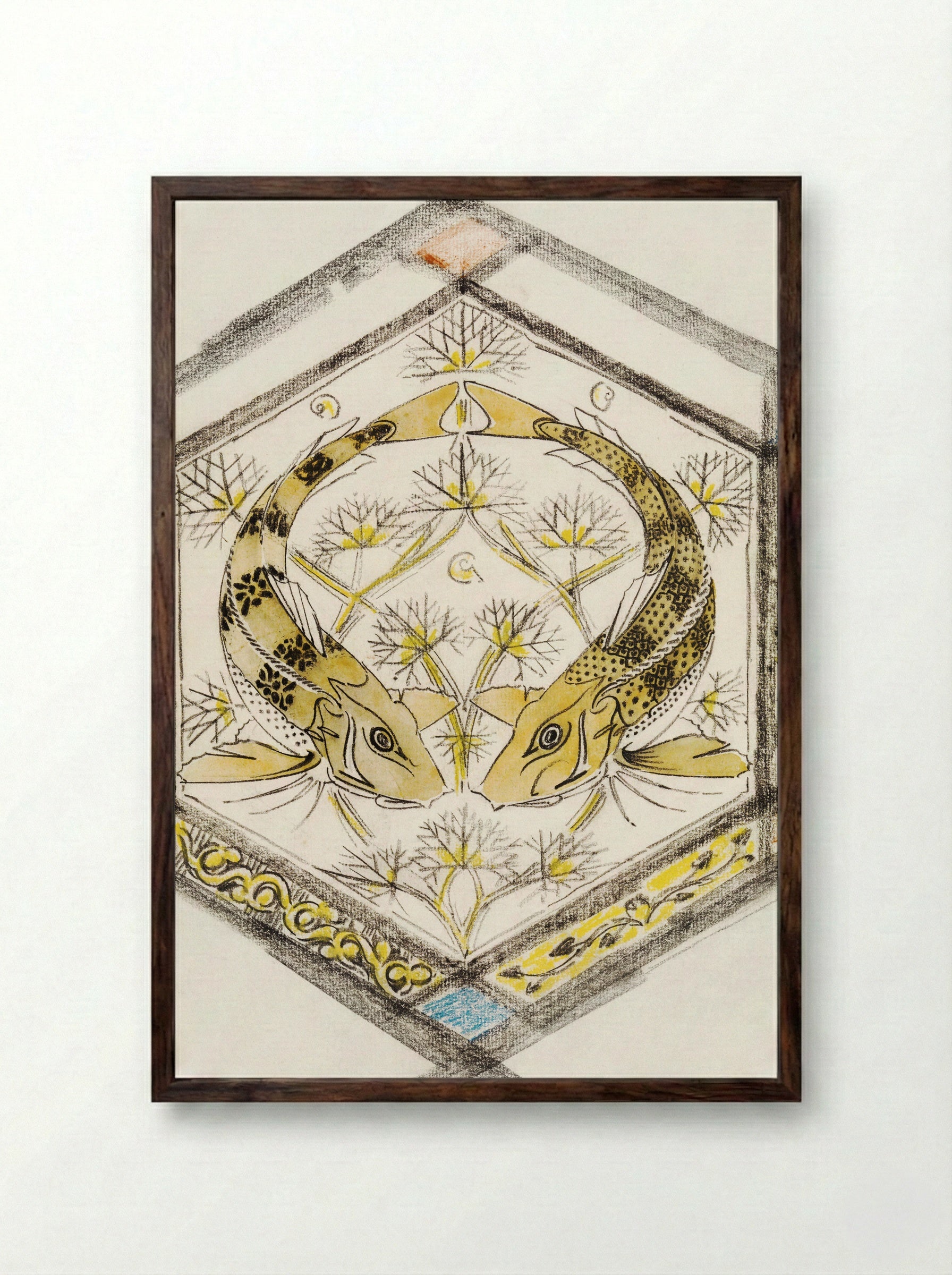 Decorative Design with Two Fish in a Hexagon - Gerrit Willem Dijsselhof - Framed Print Dark Wood