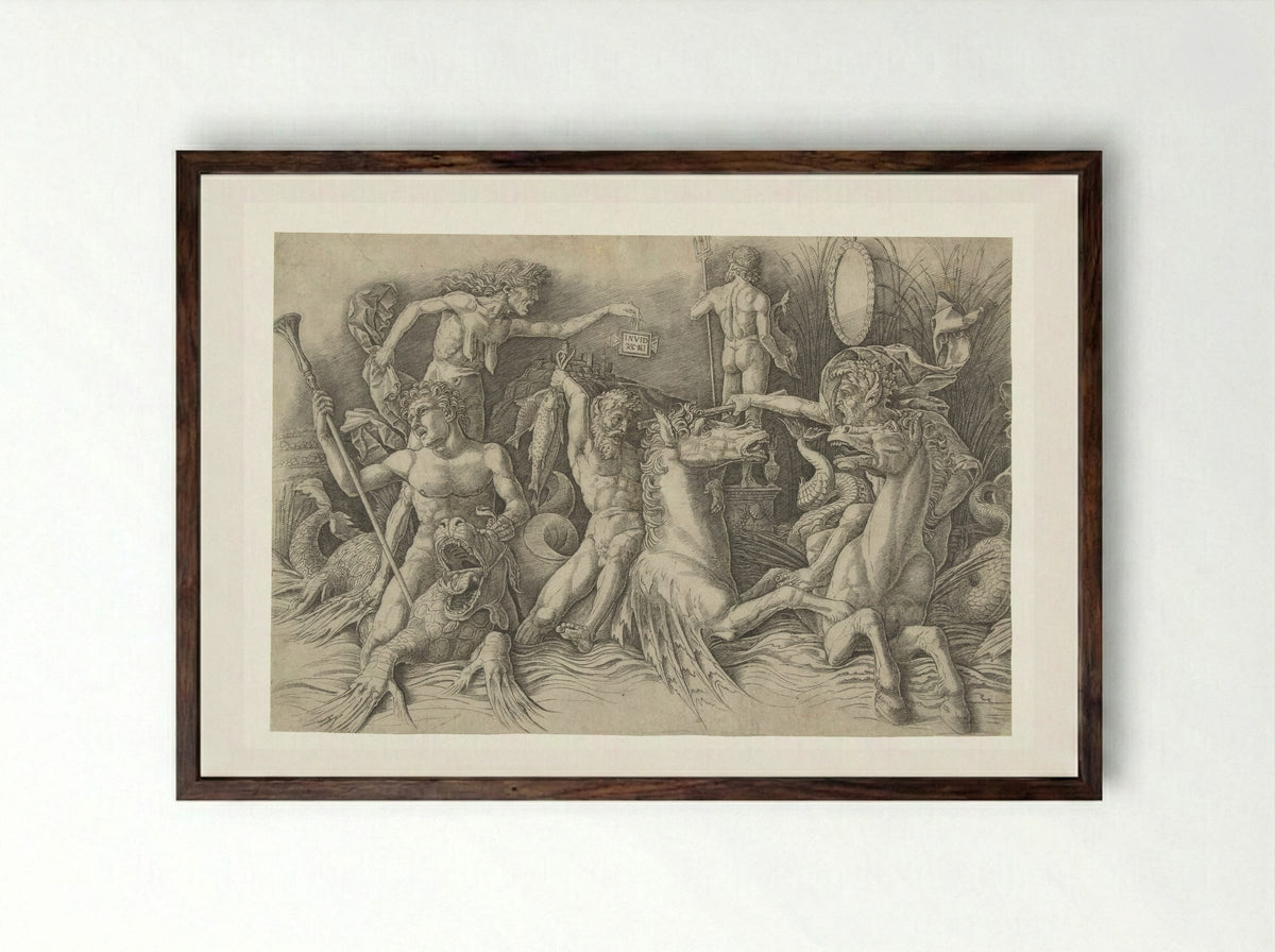 Battle of the Sea Gods, with Envy (Invidia) on the Left - Andrea Mantegna - Framed Print Dark Wood