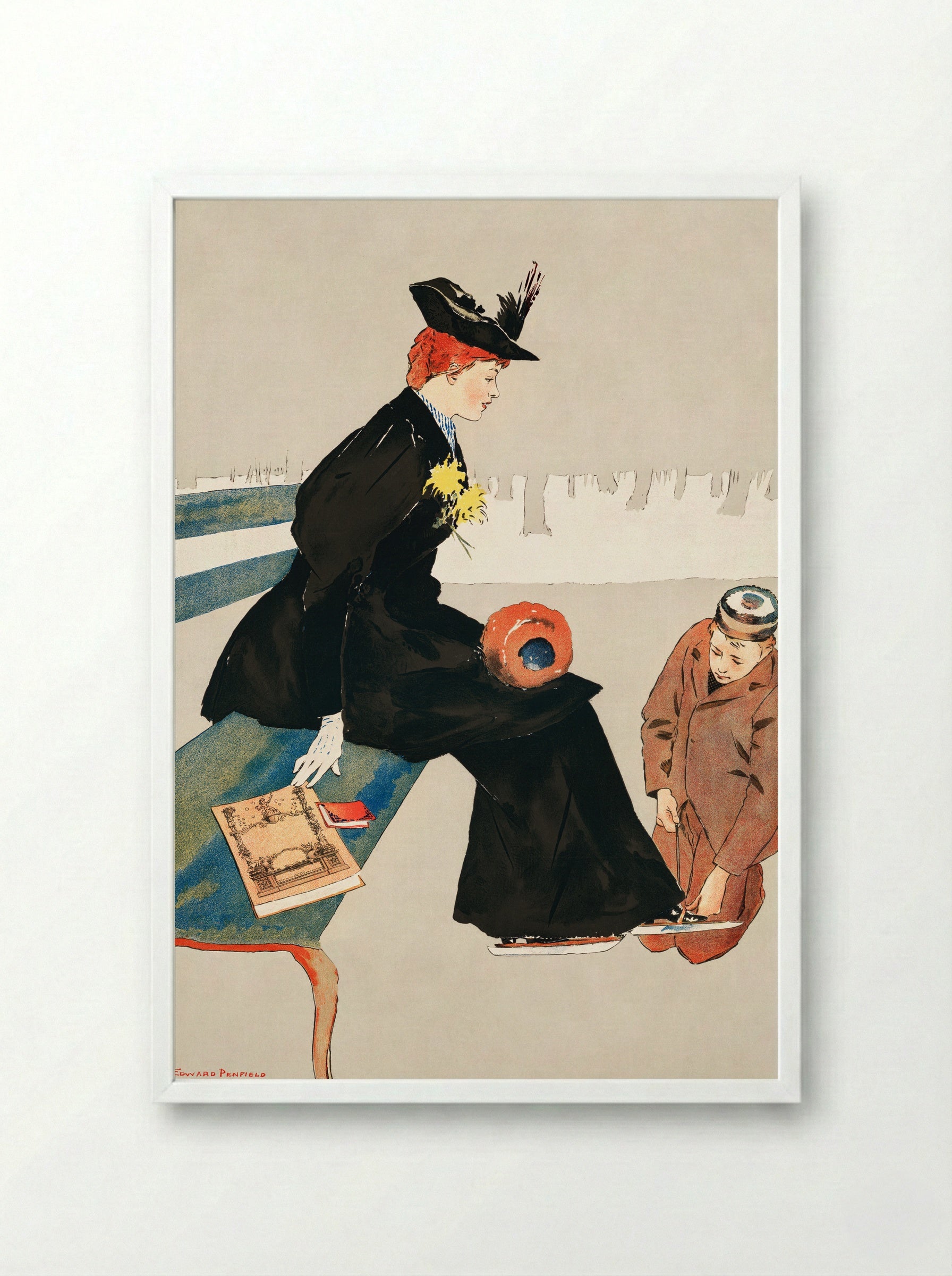 Woman Sitting on a Bench - Edward Penfield - Framed Print White