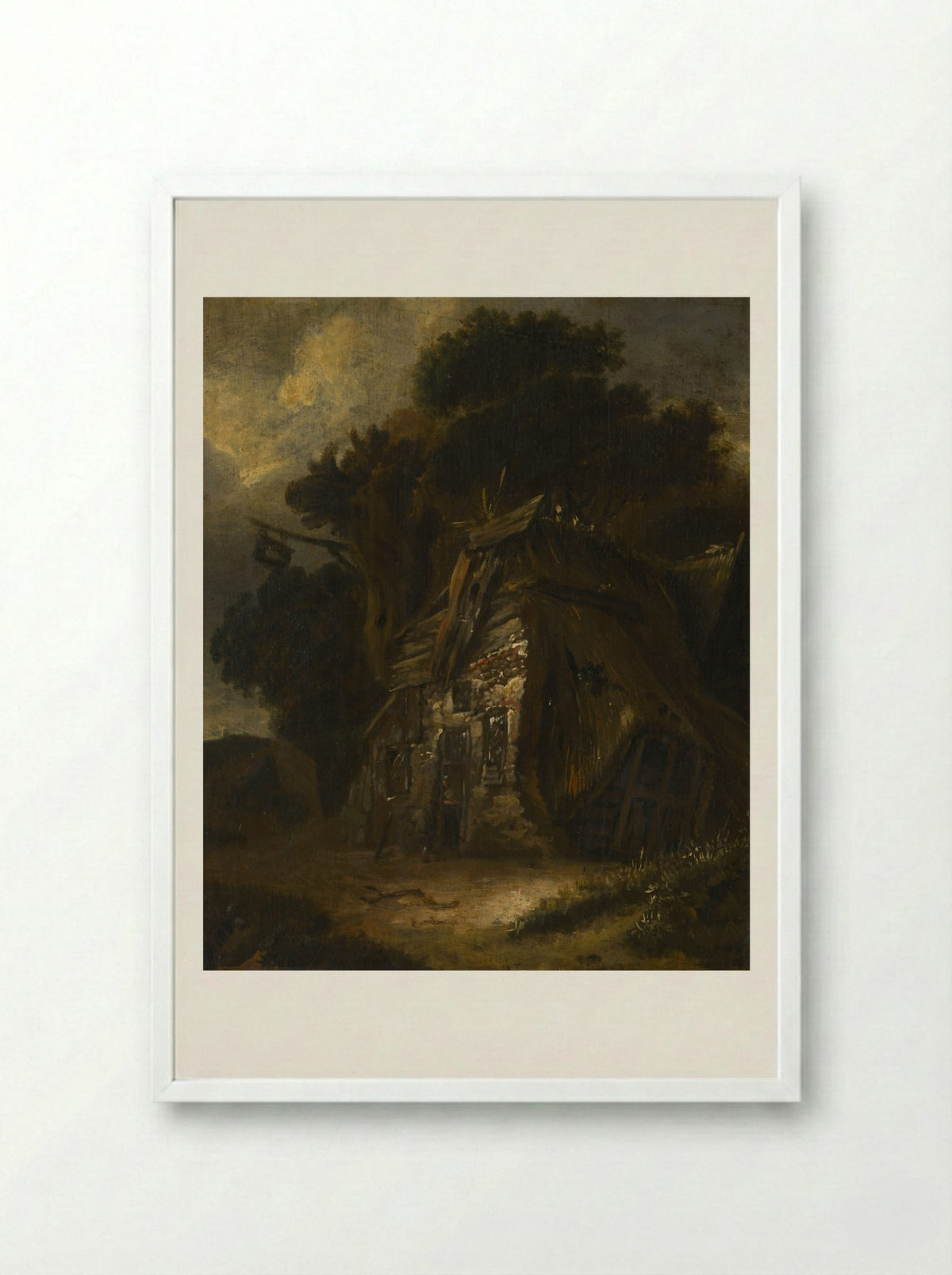 Thatched Hut in Landscape - Fine Art Print - Framed Print White