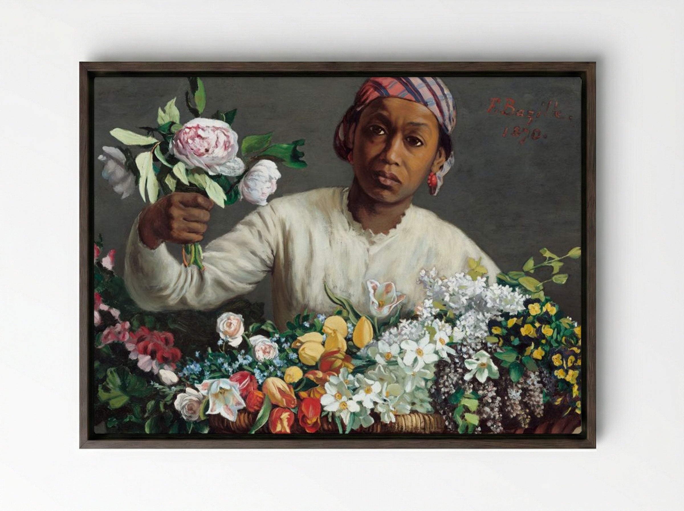 Young Woman with Peonies - Frédéric Bazille - Framed Canvas Dark Wood