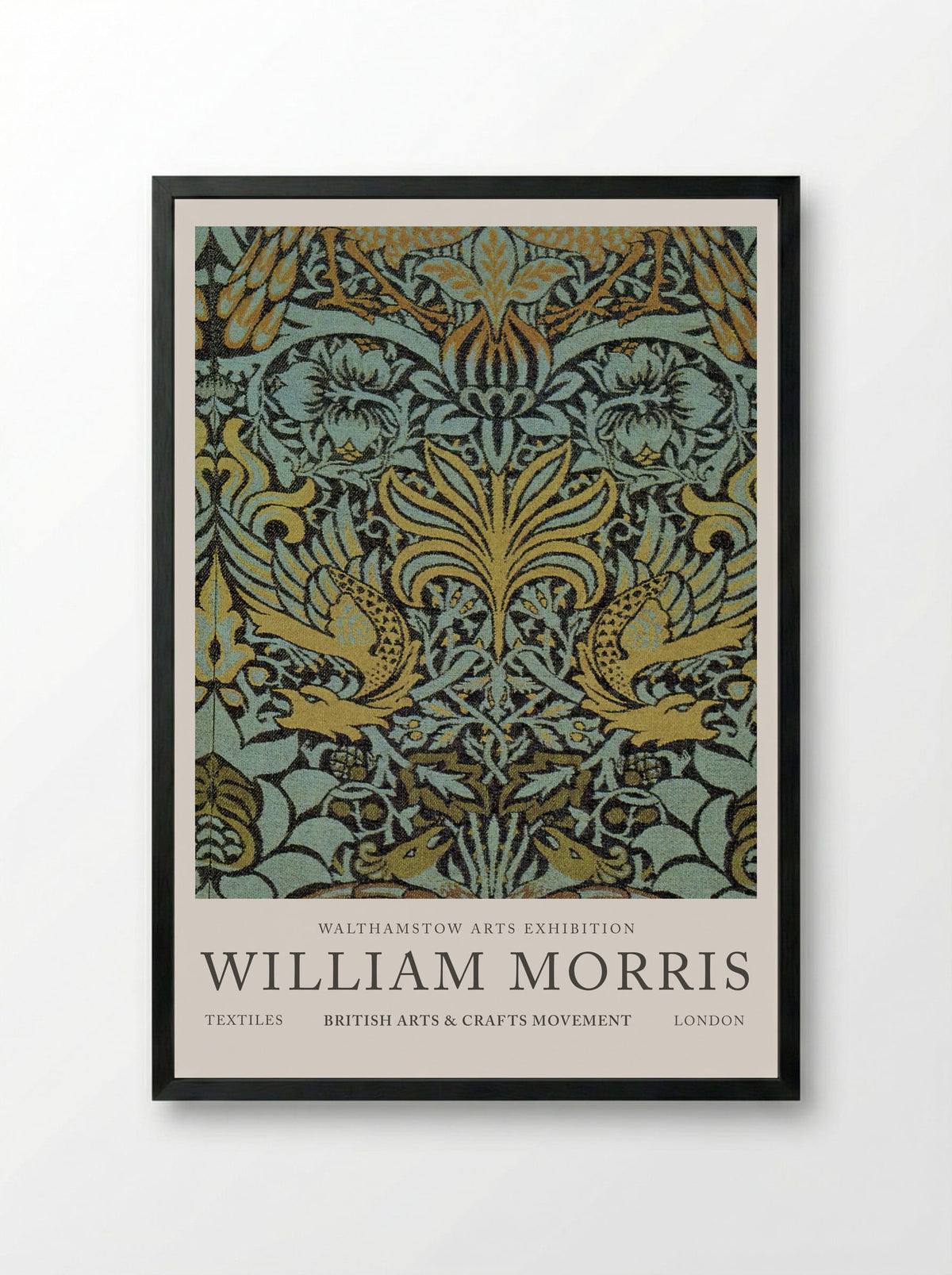 Peacock and Dragon Woven Wool Furnishing Fabric - William Morris - Framed Print Black