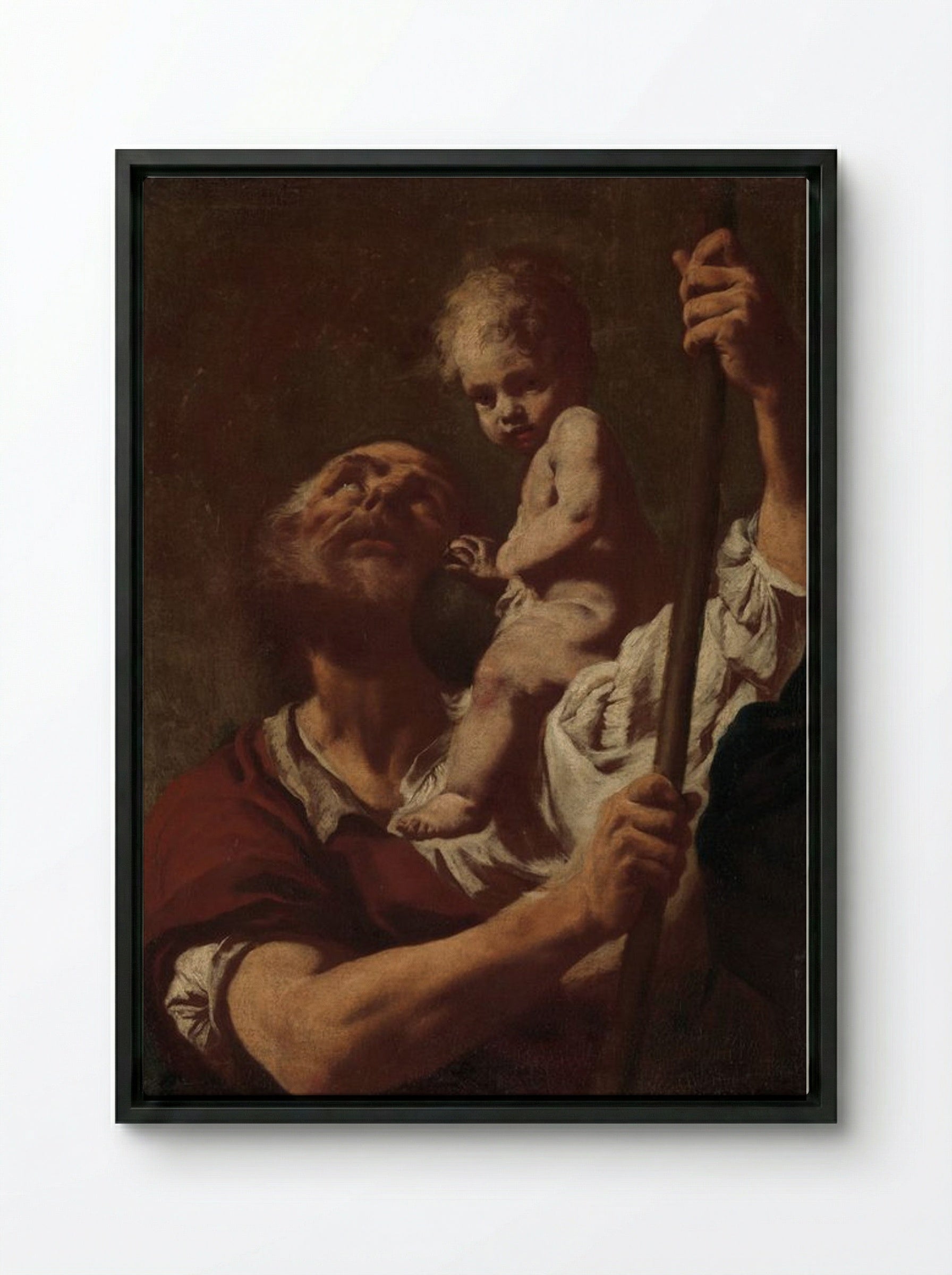 Saint Christopher Carrying the Infant Christ - Giovanni Battista Piazzetta - Framed Canvas Black