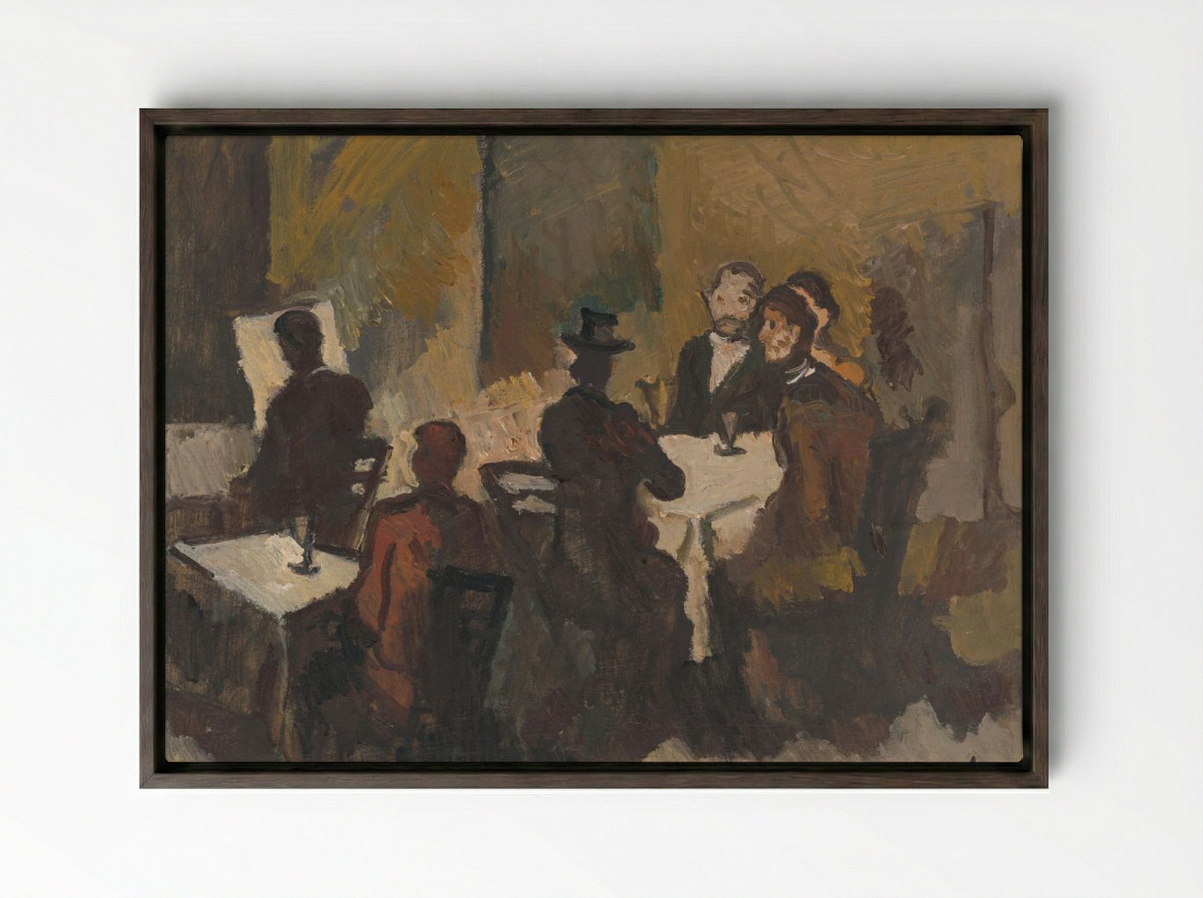 Company in a Coffee Shop - Cyprián Majerník - Framed Canvas Dark Wood