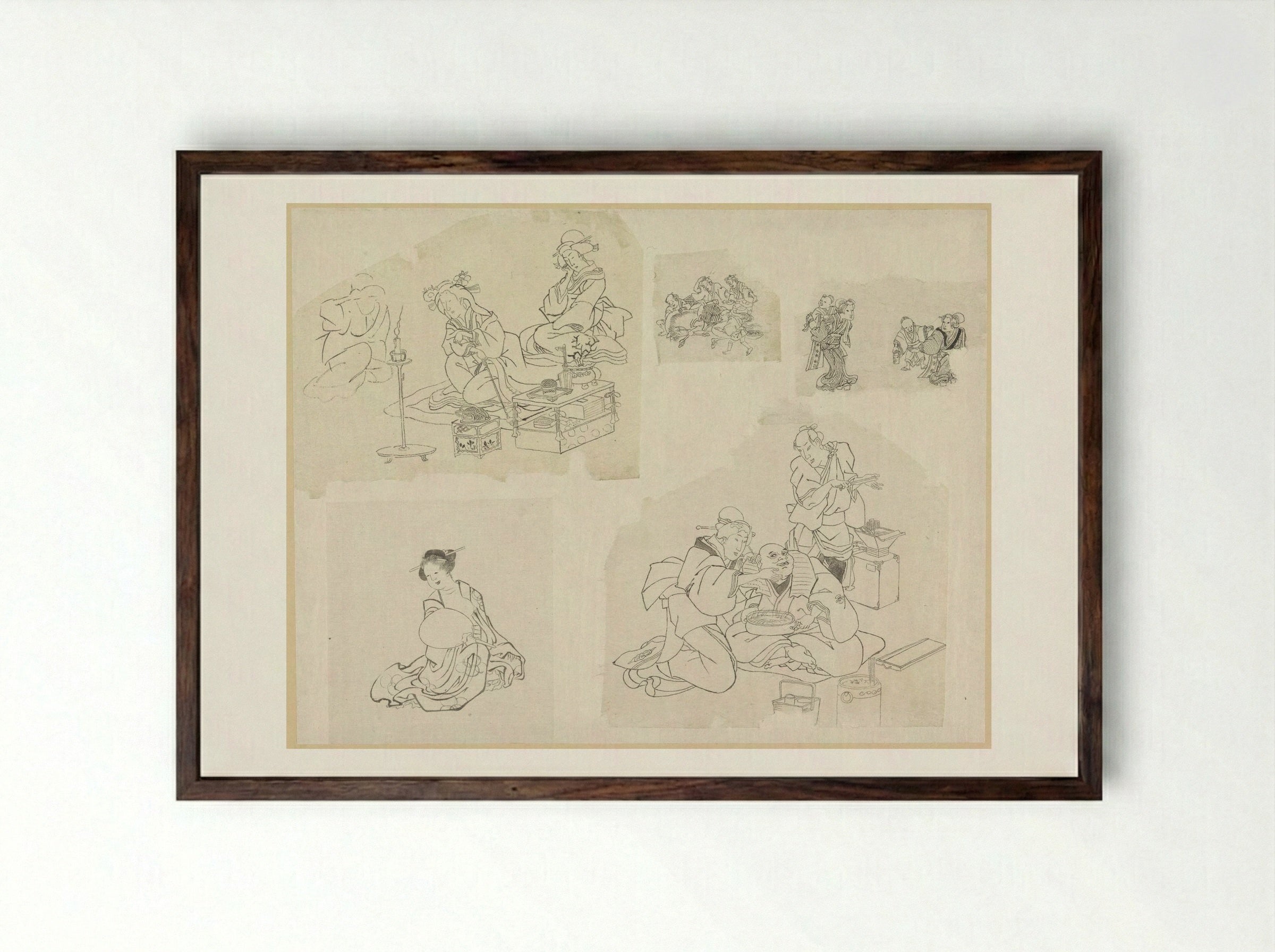 Five Sketches of People in Various Situations - Katsushika Hokusai - Framed Print Dark Wood