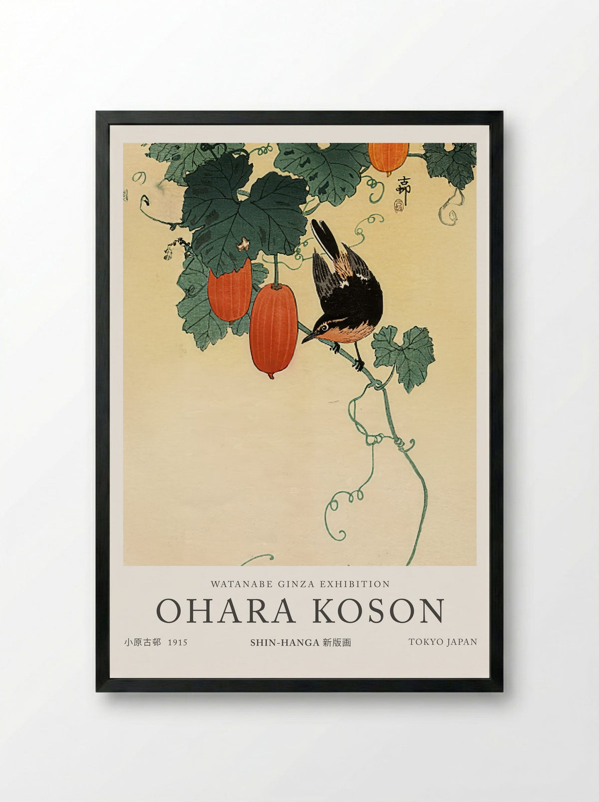 A Flycatcher On Cucumber Bush - Ohara Koson - Framed Print Black