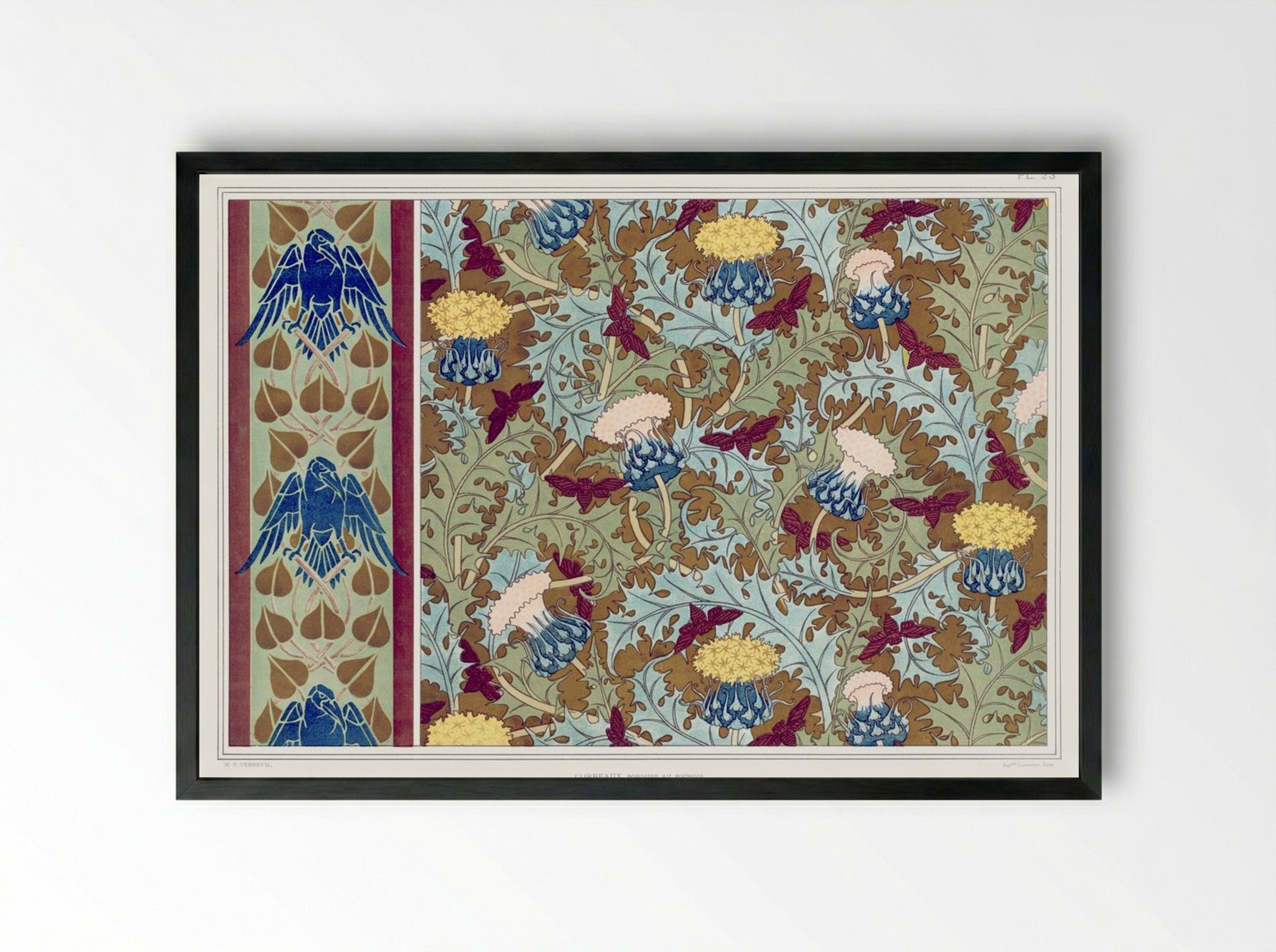 Corbeaux, Cigales et Chardons (Textile Design) - Maurice Pillard Verneuil - Framed Print Black