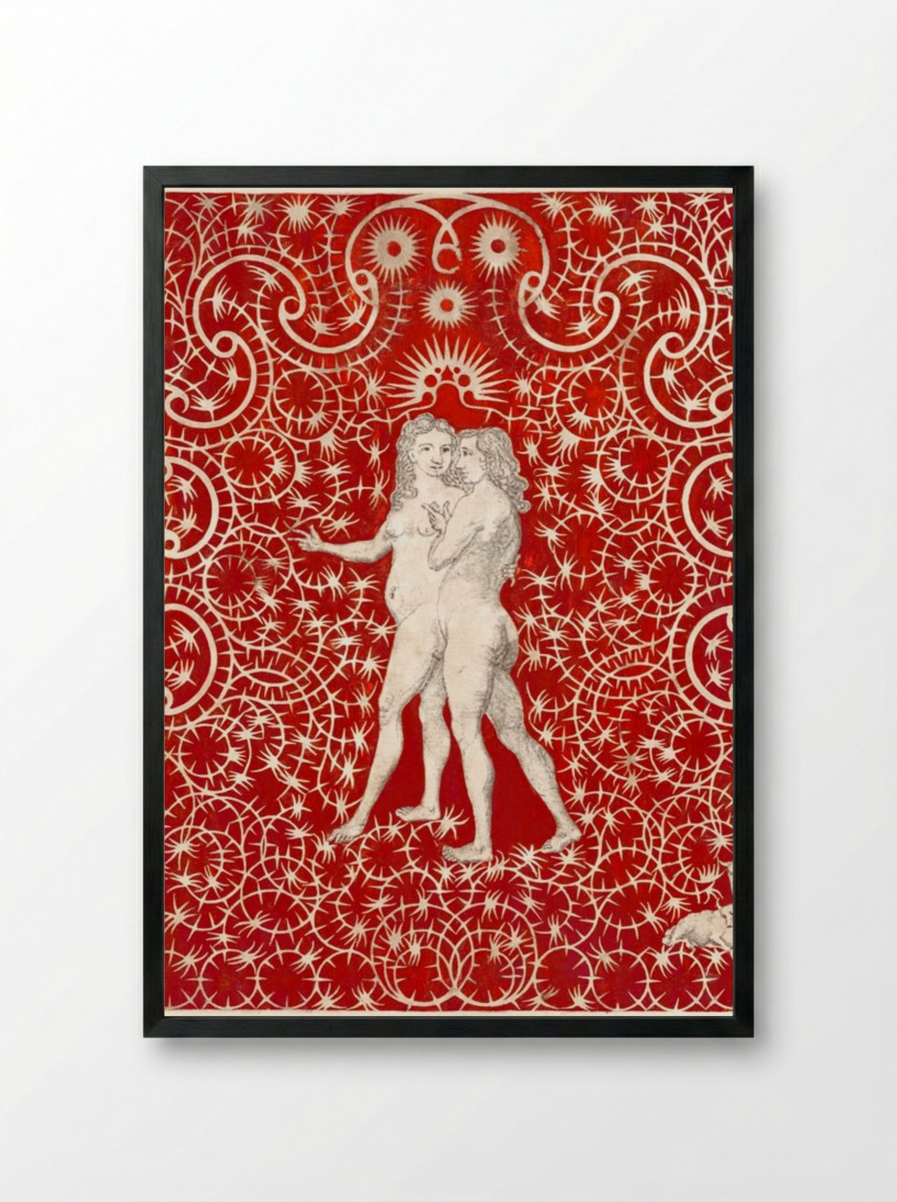 Adam and Eve in the Garden with a Pair of Sheep and a Pair of Doves - Fine Art Print - Framed Print Black