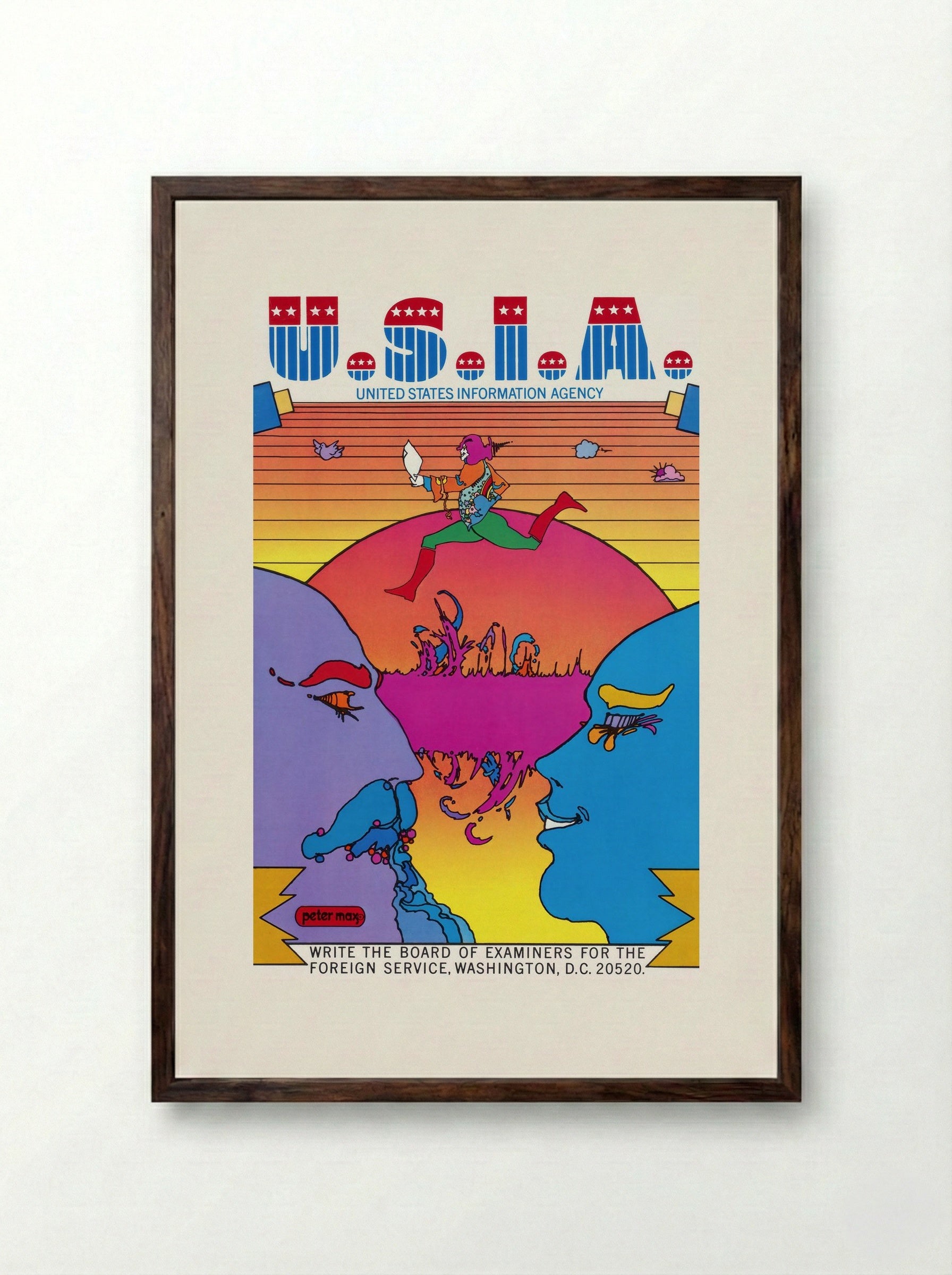 U.S.I.A. United States Information Agency Poster - Peter Max - Framed Print Dark Wood