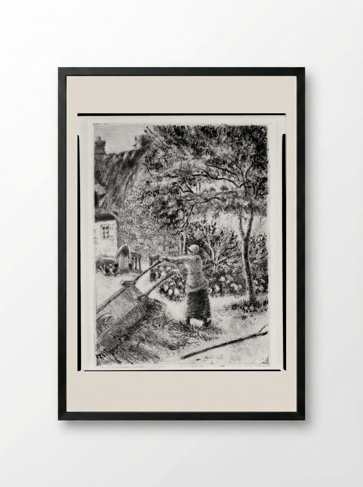 Woman Emptying a Wheelbarrow - Camille Pissarro - Framed Print Black