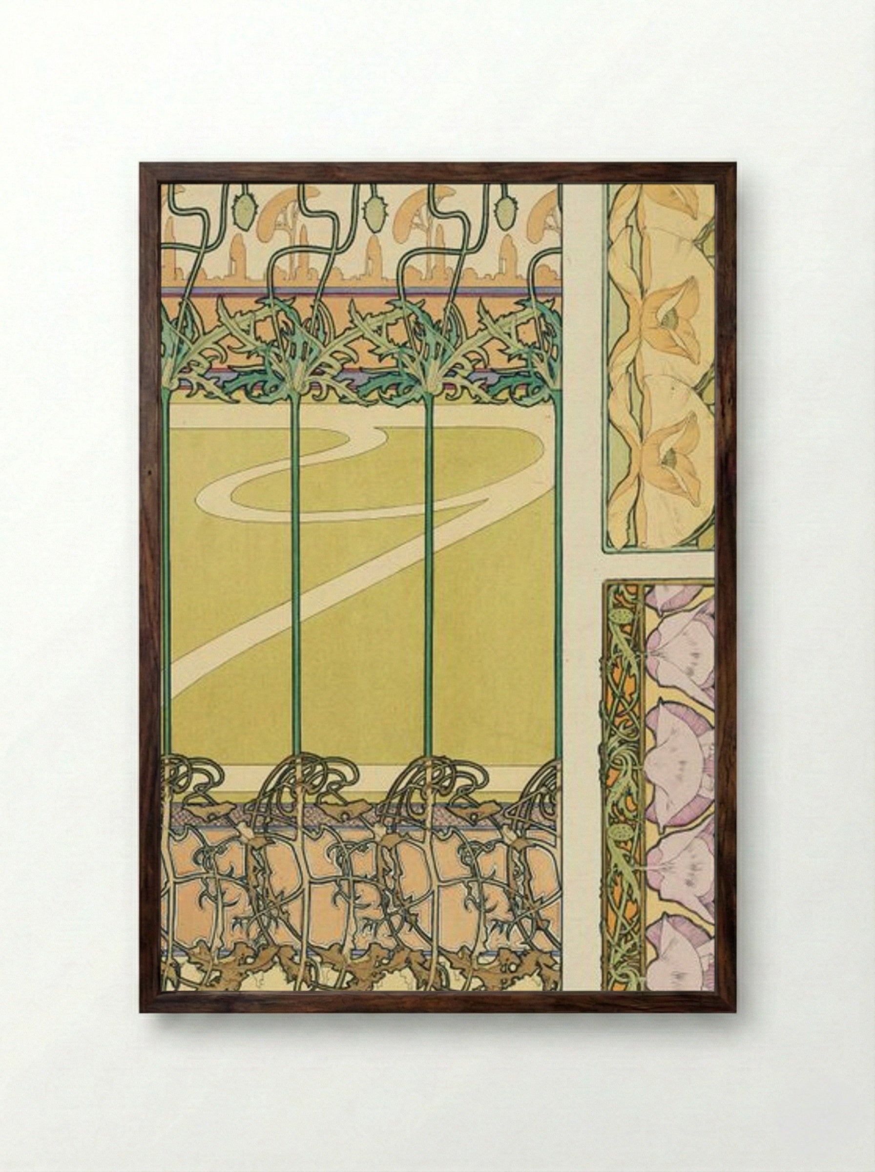 Floral Panel Design with Poppies and Morning Glories - Alphonse Mucha - Framed Print Dark Wood