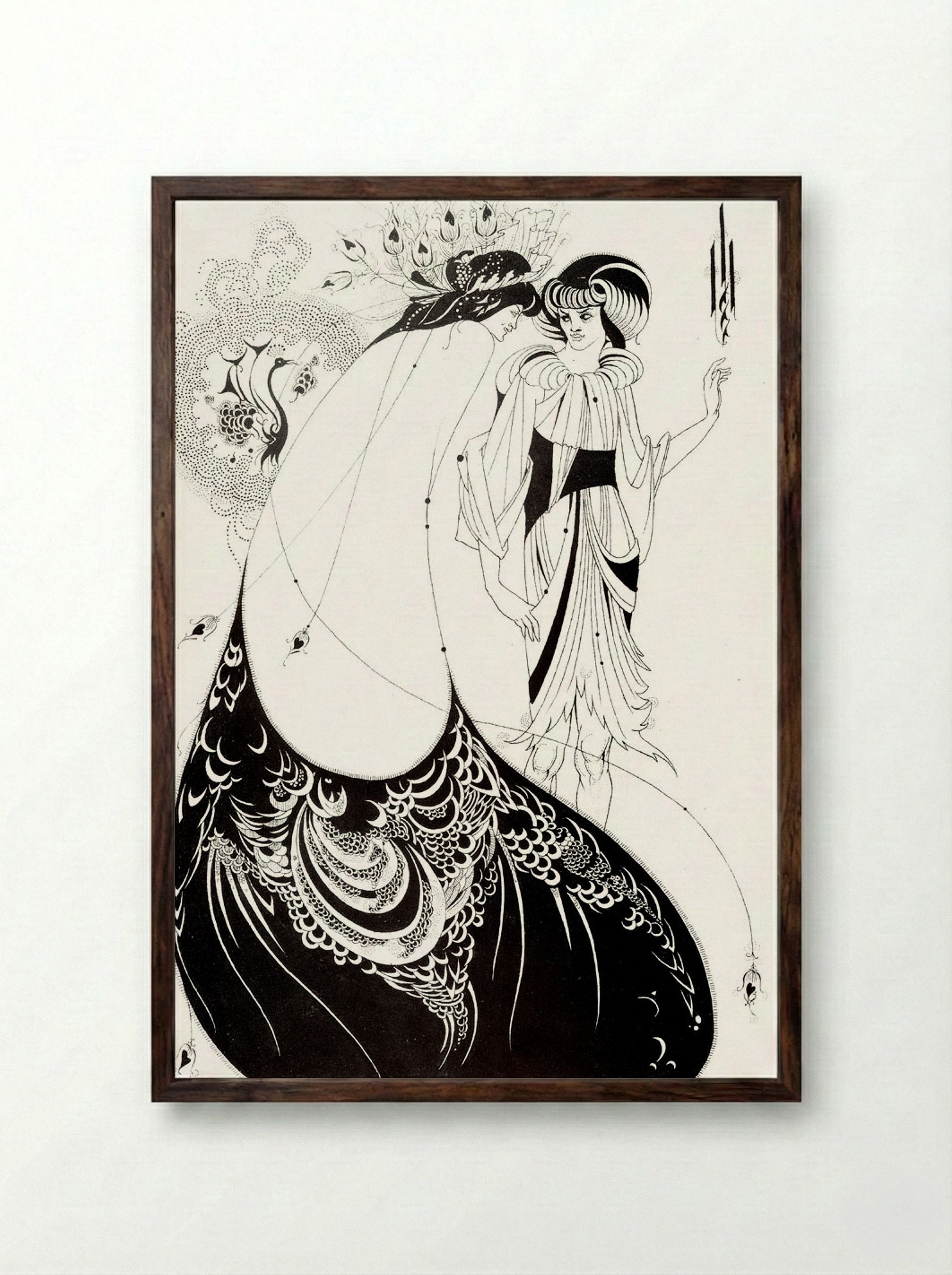The Peacock Skirt - Aubrey Beardsley - Framed Print Dark Wood