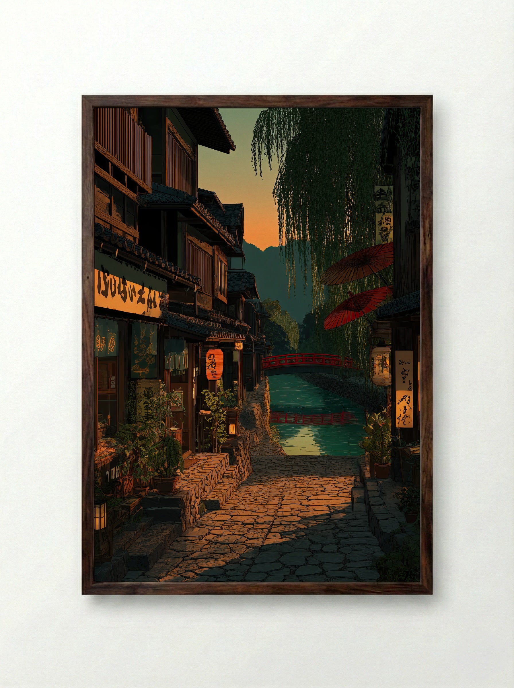 Twilight on the Kamo River: A Kyoto Evening - Framed Print Dark Wood
