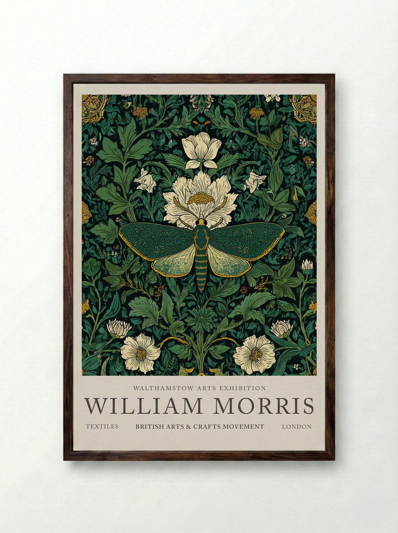 Emerald Moth Garden - William Morris - Framed Print Dark Wood