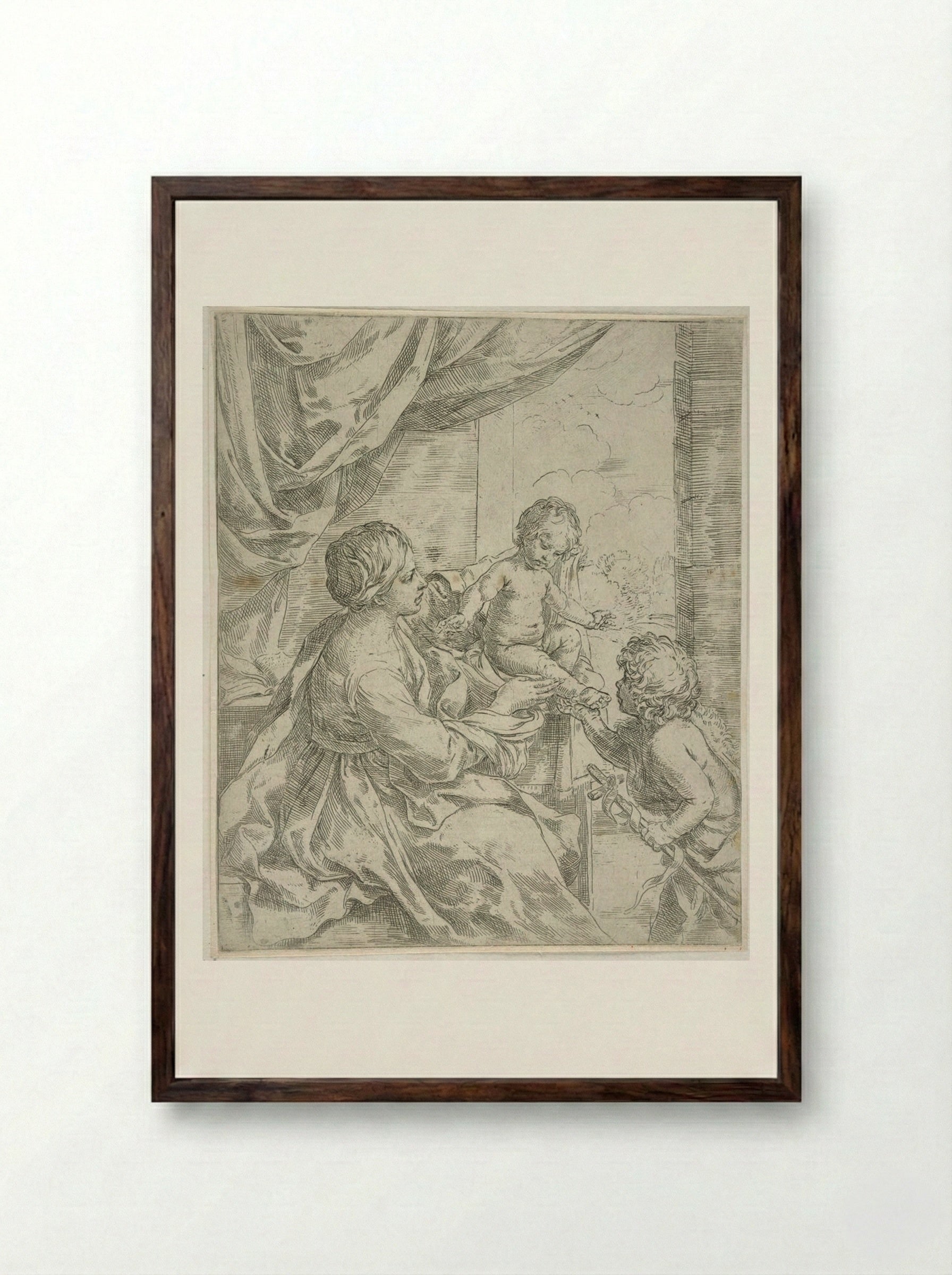 Madonna and Child at a Table with Saint John the Baptist - Guido Reni - Framed Print Dark Wood