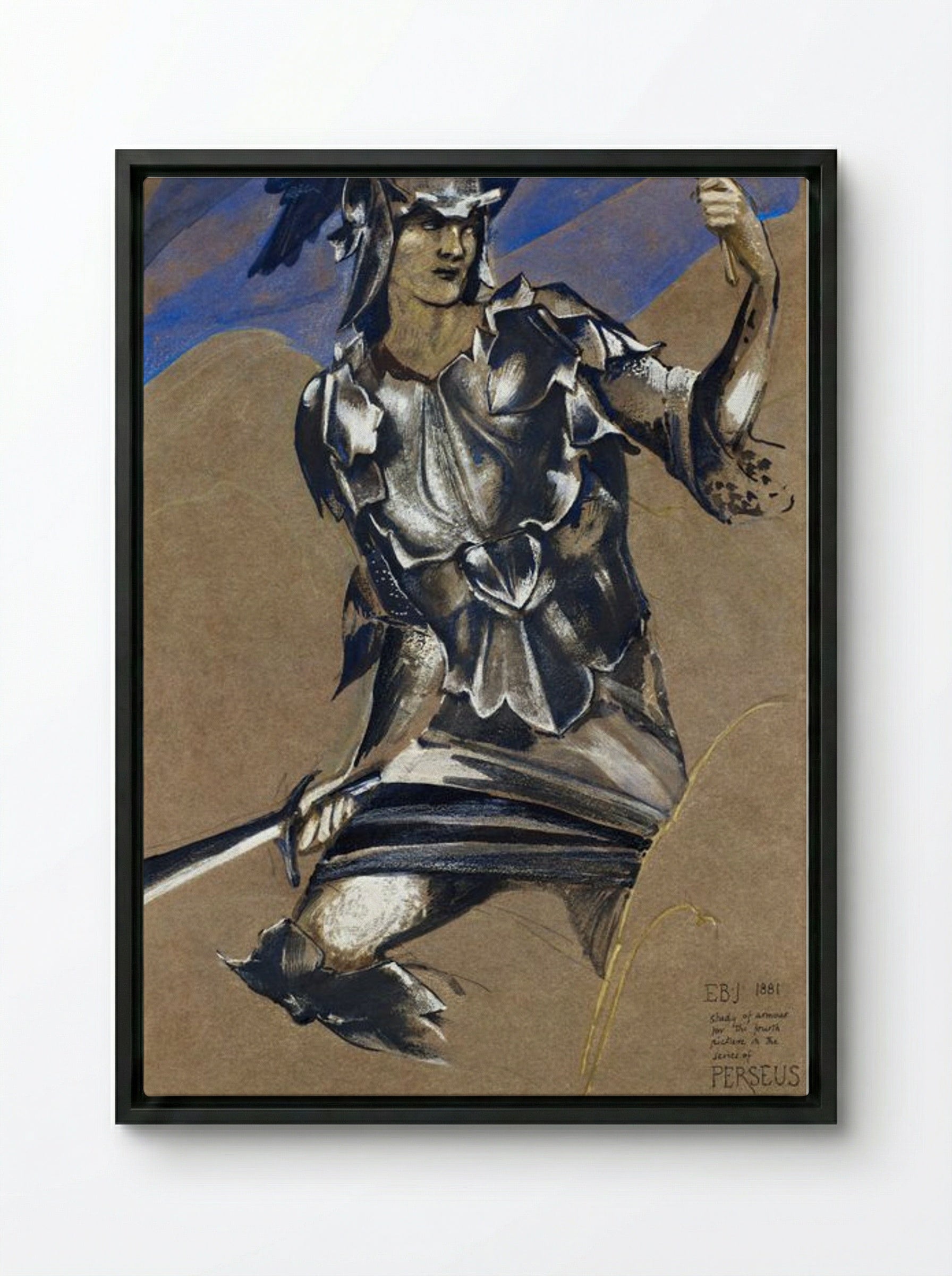 Study of Perseus in Armour for 'The Finding of Medusa' - Edward Burne-Jones - Framed Canvas Black