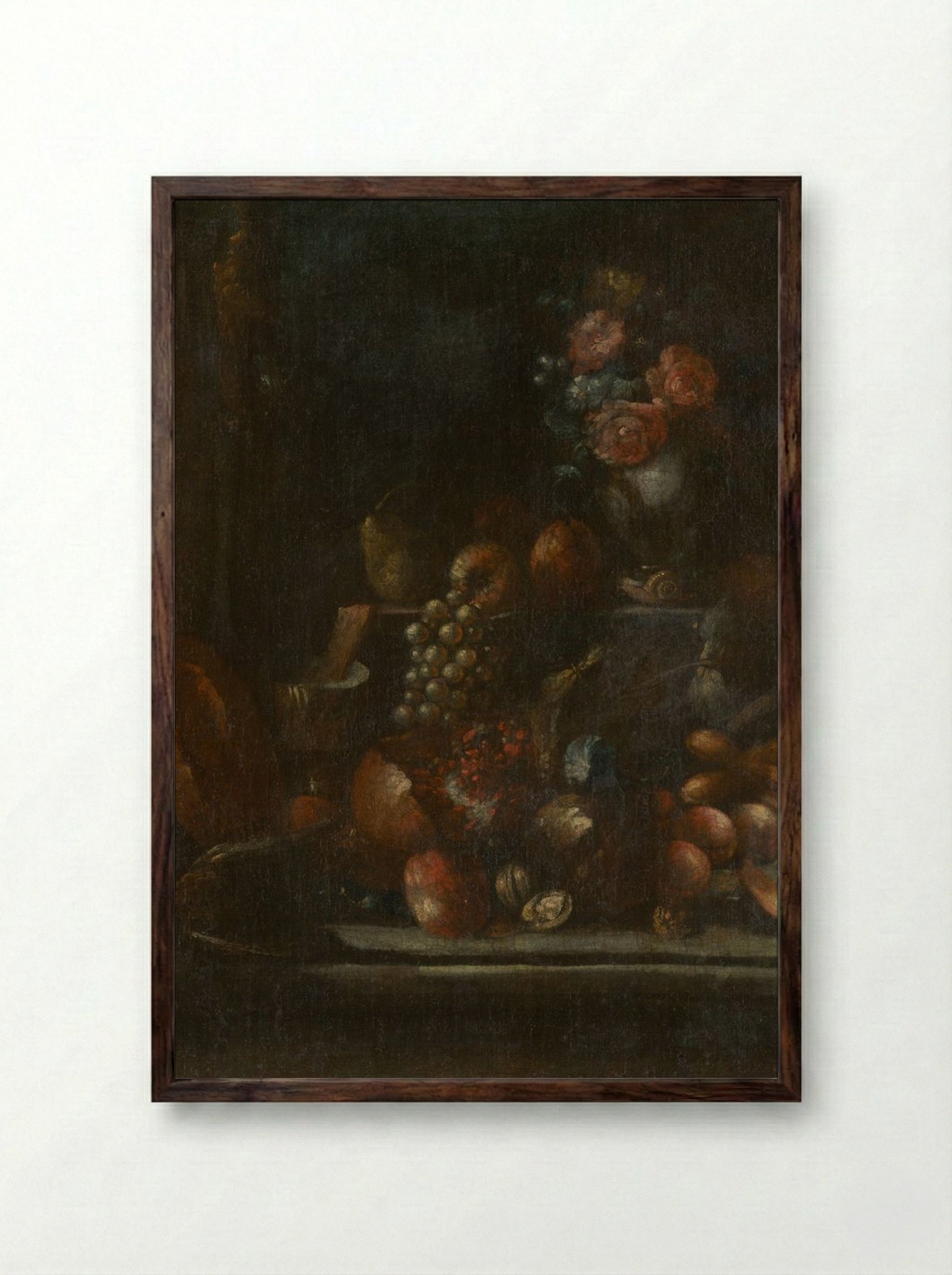 Still Life with Fruit and a Vase - Fine Art Print - Framed Print Dark Wood