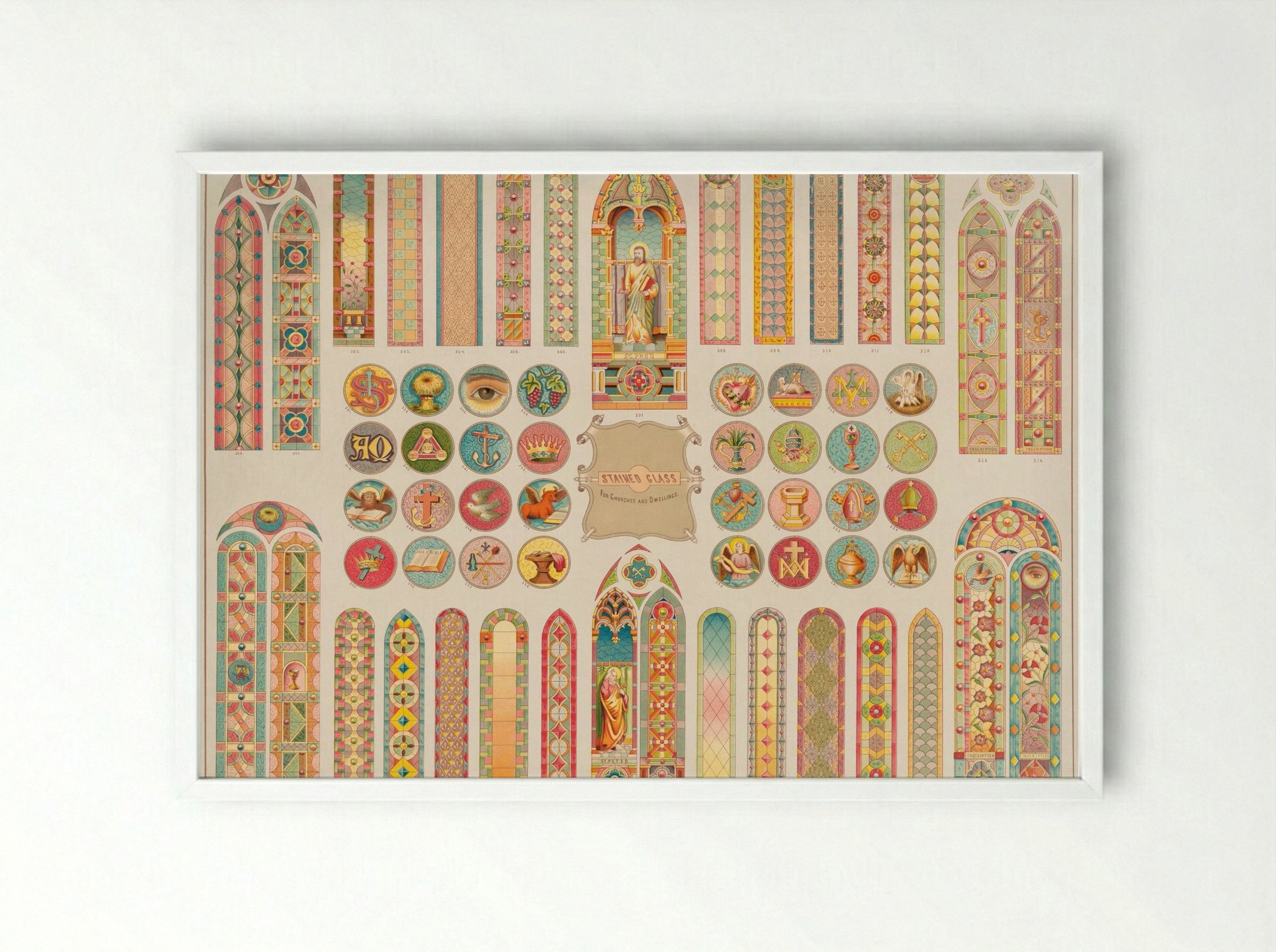 Stained Glass Designs for Churches and Dwellings - Fine Art Print - Framed Print White