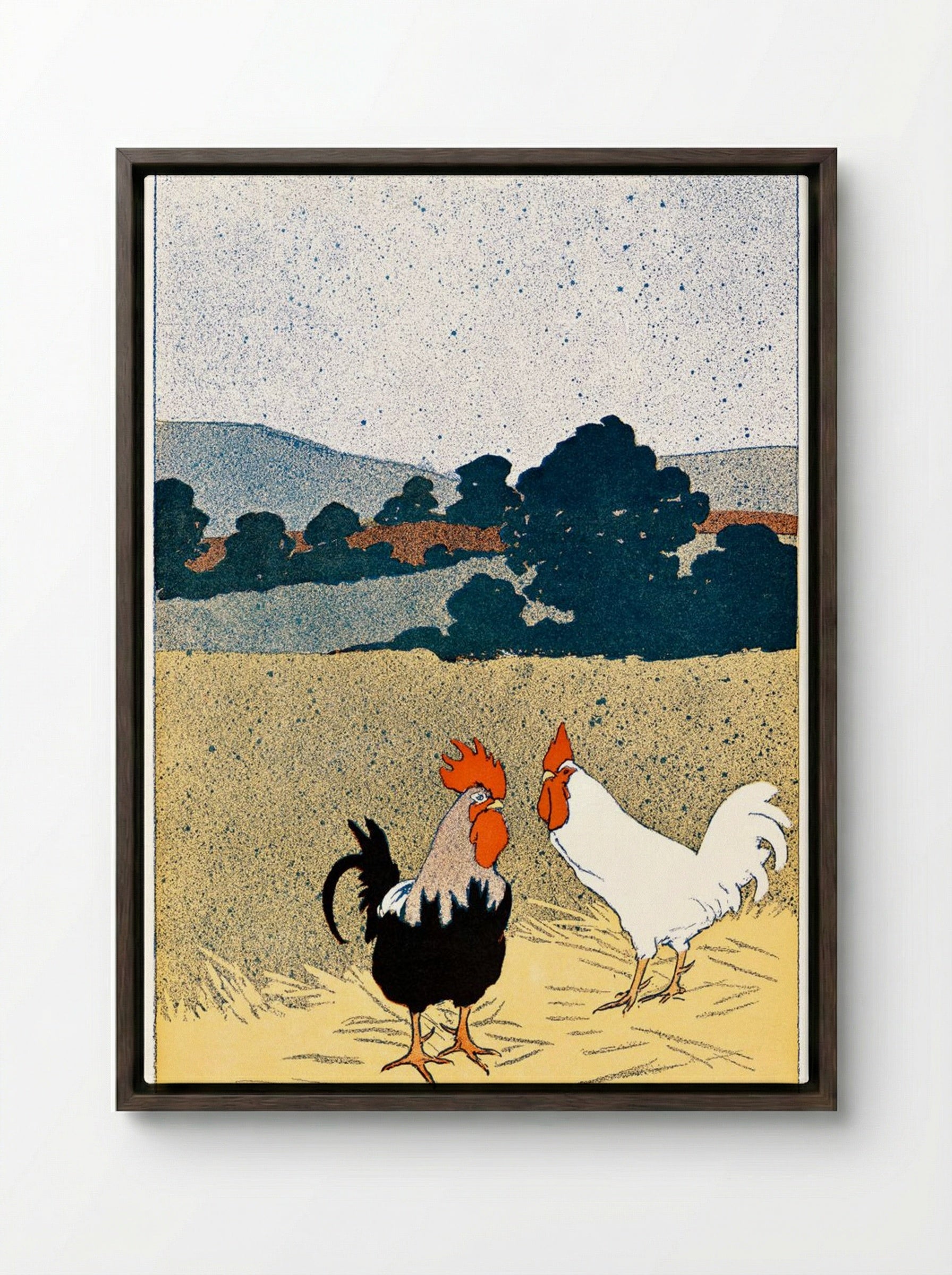 Two Roosters in a Field - Edward Penfield - Framed Canvas Dark Wood