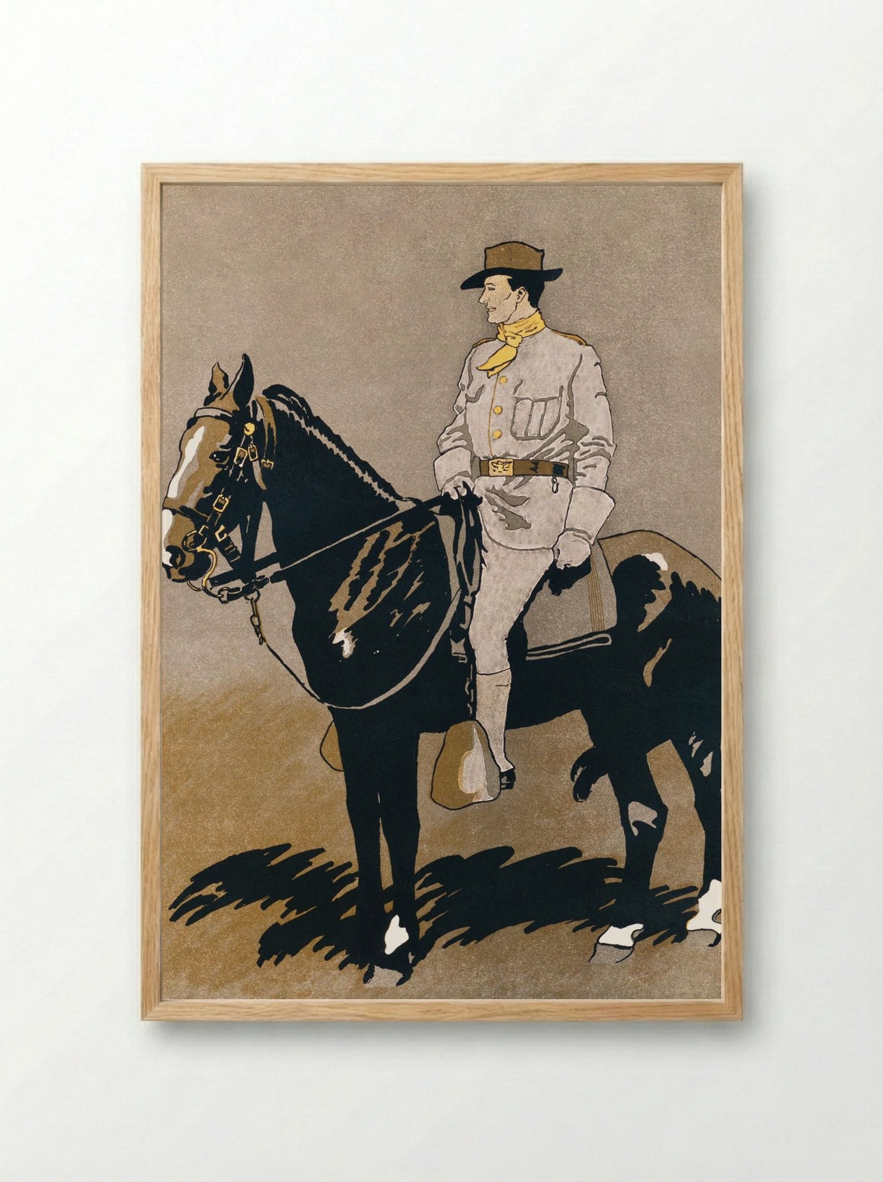 Soldier Riding a Horse - Edward Penfield - Framed Print Wood