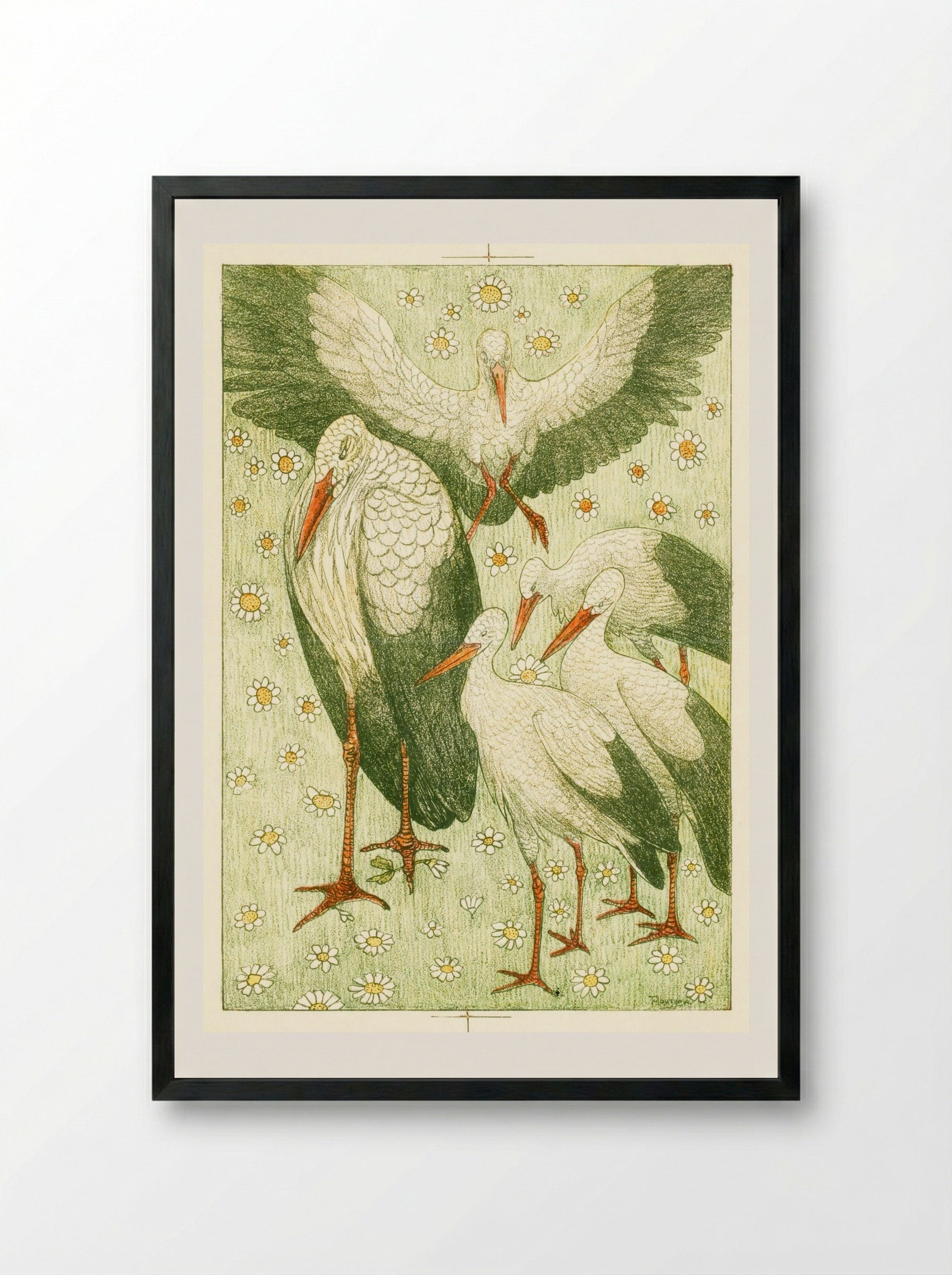 Vijf ooievaars in een wei (Five Storks in a Meadow) - Theo van Hoytema - Framed Print Black