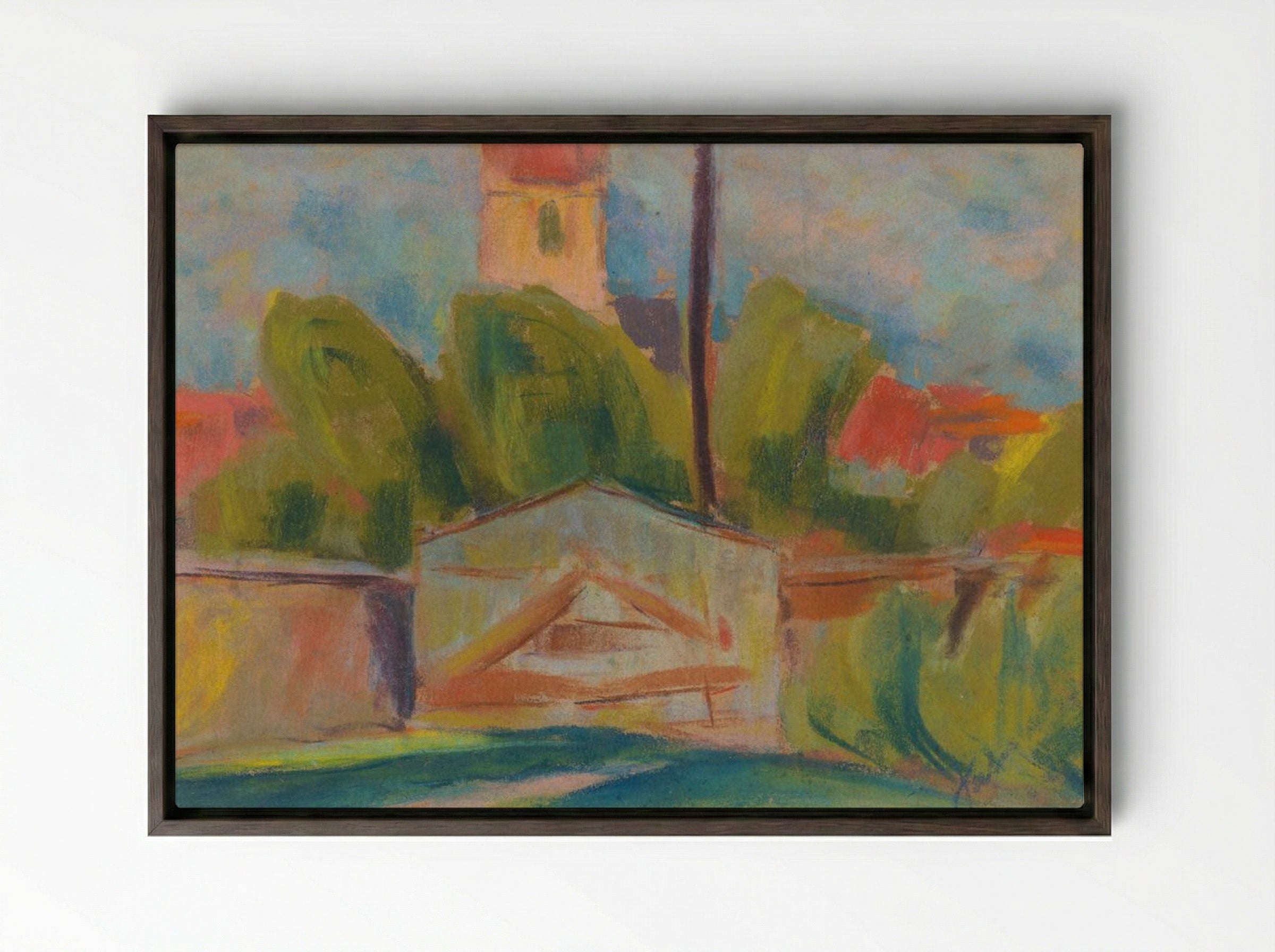 Village with a Church - Zolo Palugyay - Framed Canvas Dark Wood