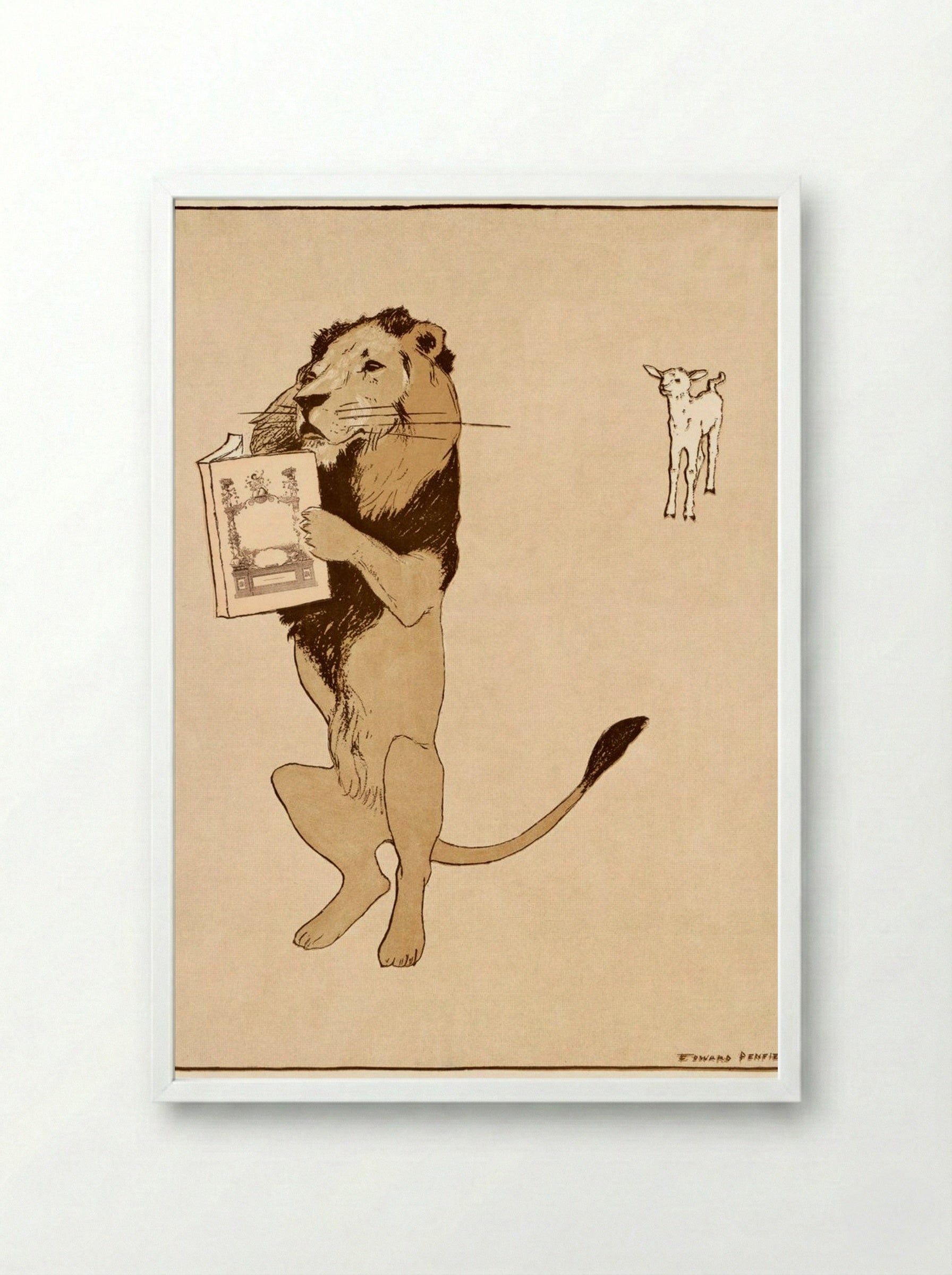 The Lion and the Book - Edward Penfield - Framed Print White