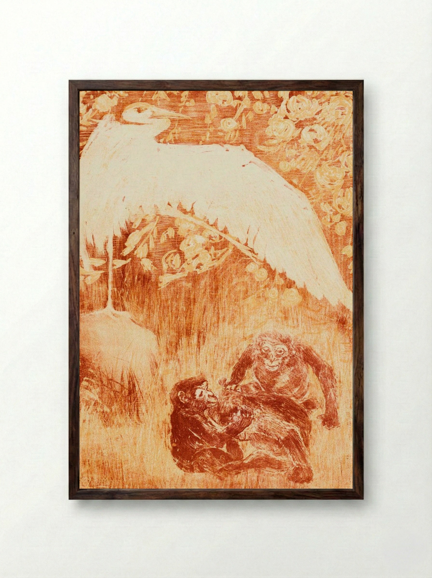 Reiger met drie apen (Heron with Three Monkeys) - Theo van Hoytema - Framed Print Dark Wood