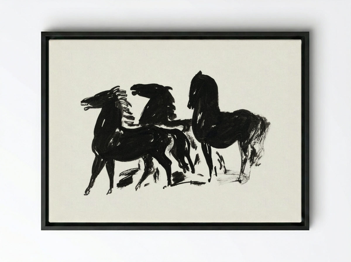 Three Black Horses Standing, Facing Left - Leo Gestel - Framed Canvas Black