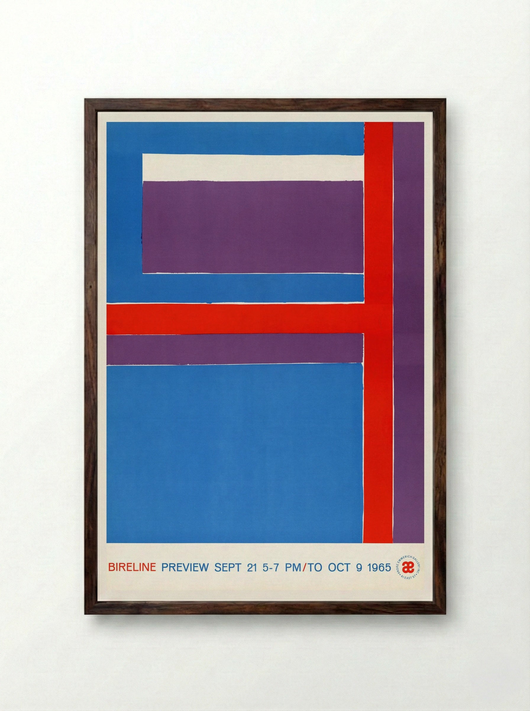 Bireline Preview, Sept. 21, 5-7 p.m. to Oct. 9, 1965 (Exhibition Poster) - George Bireline - Framed Print Dark Wood