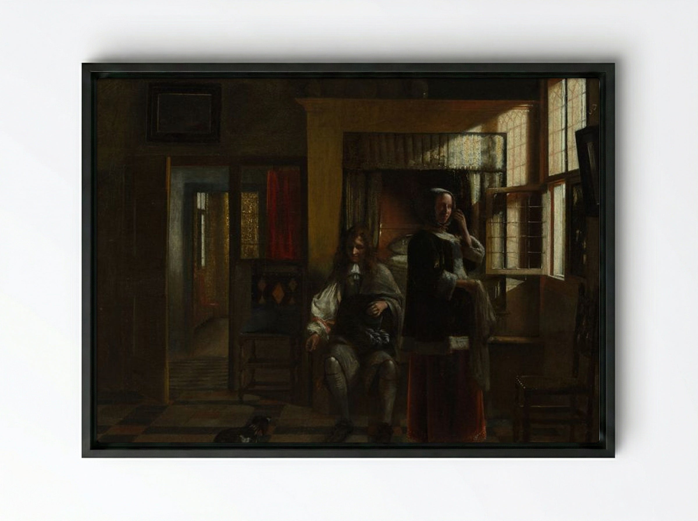 Interior with a Young Couple - Pieter de Hooch - Framed Canvas Black