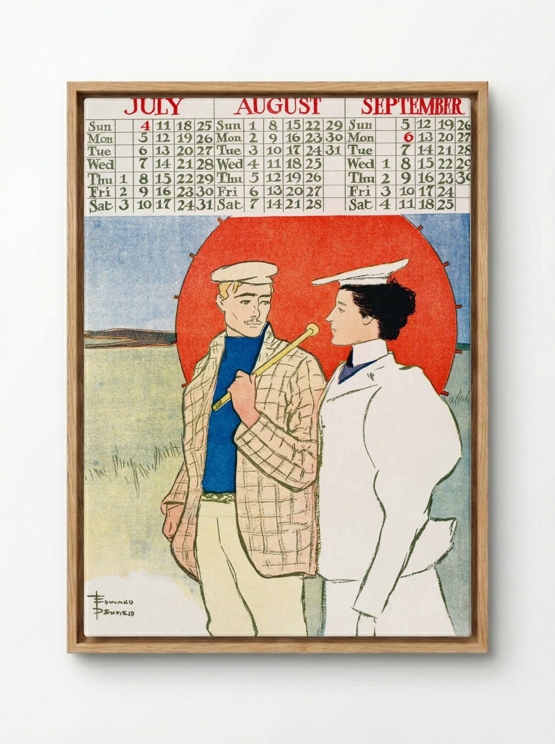 July, August, September - Vintage Calendar - Edward Penfield - Framed Canvas Wood