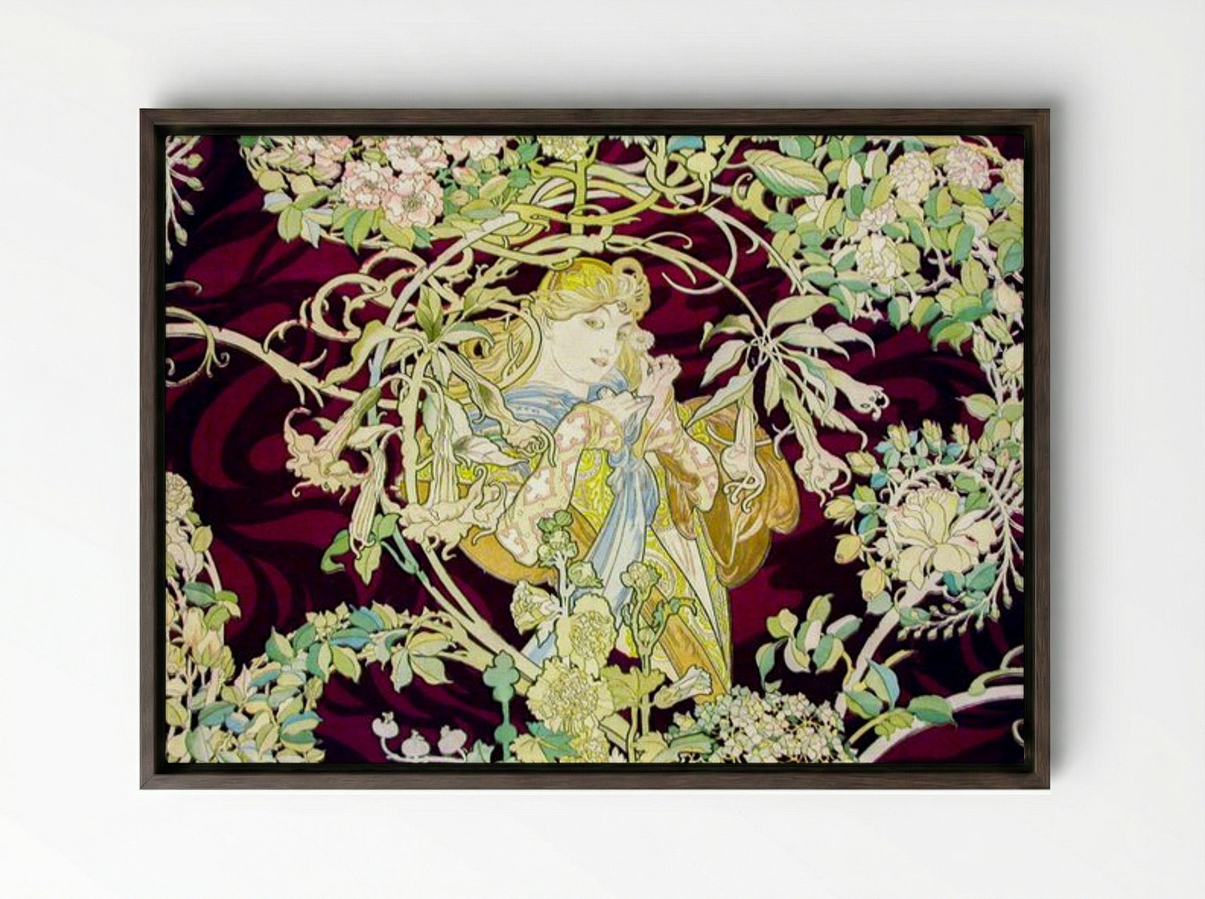 Femme à la Marguerite (Woman with Daisy) - Alphonse Mucha - Framed Canvas Dark Wood