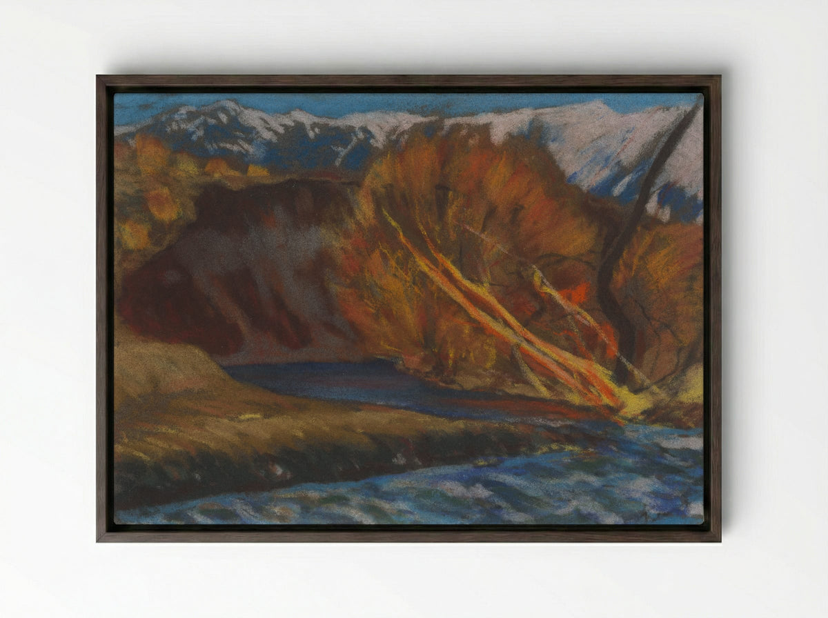 Autumn Mood by the River in the Valley - Zolo Palugyay - Framed Canvas Dark Wood