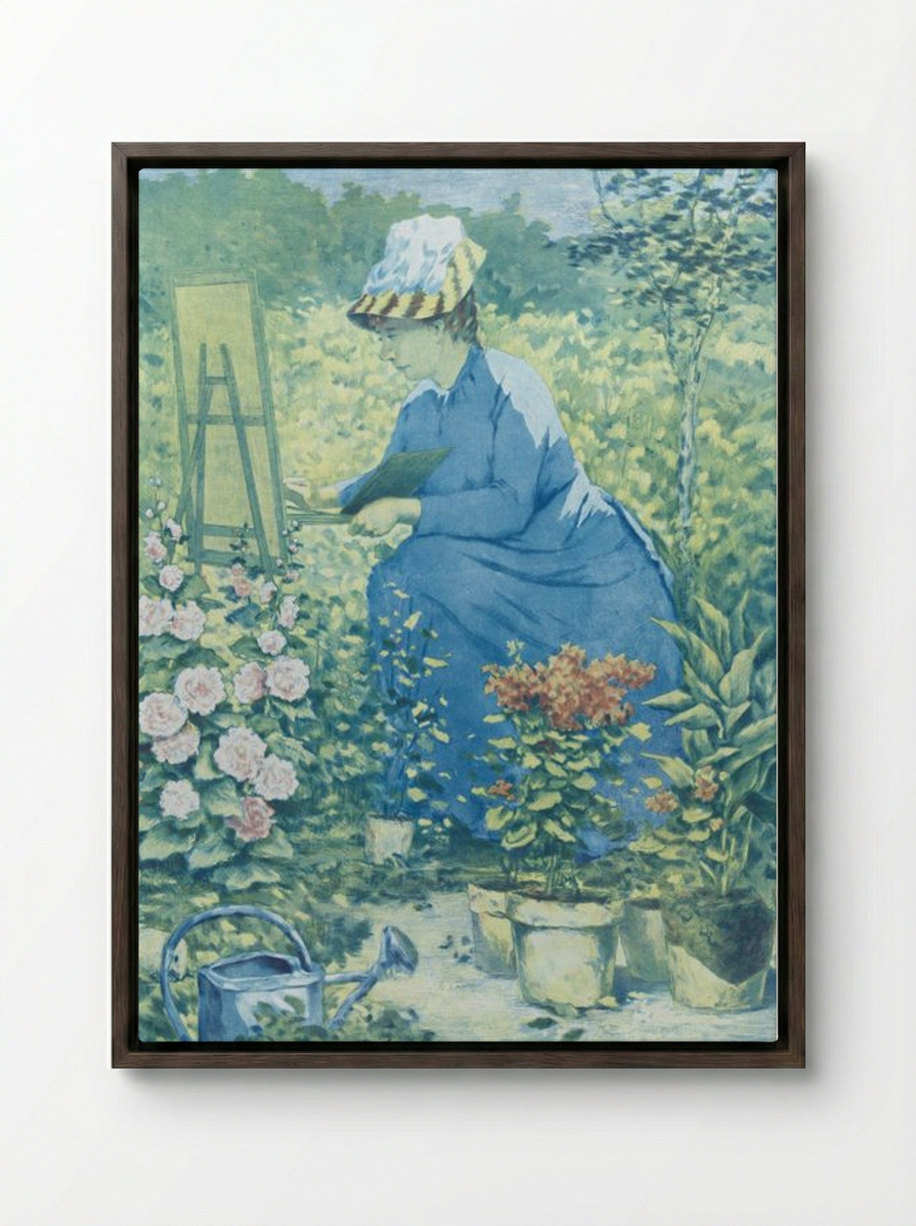 Jeanne Gonzales Painting in the Garden - Henri-Charles Guérard - Framed Canvas Dark Wood