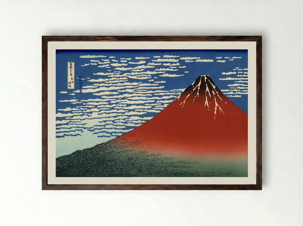Fine Wind, Clear Morning (Red Fuji) - Katsushika Hokusai - Framed Print Dark Wood