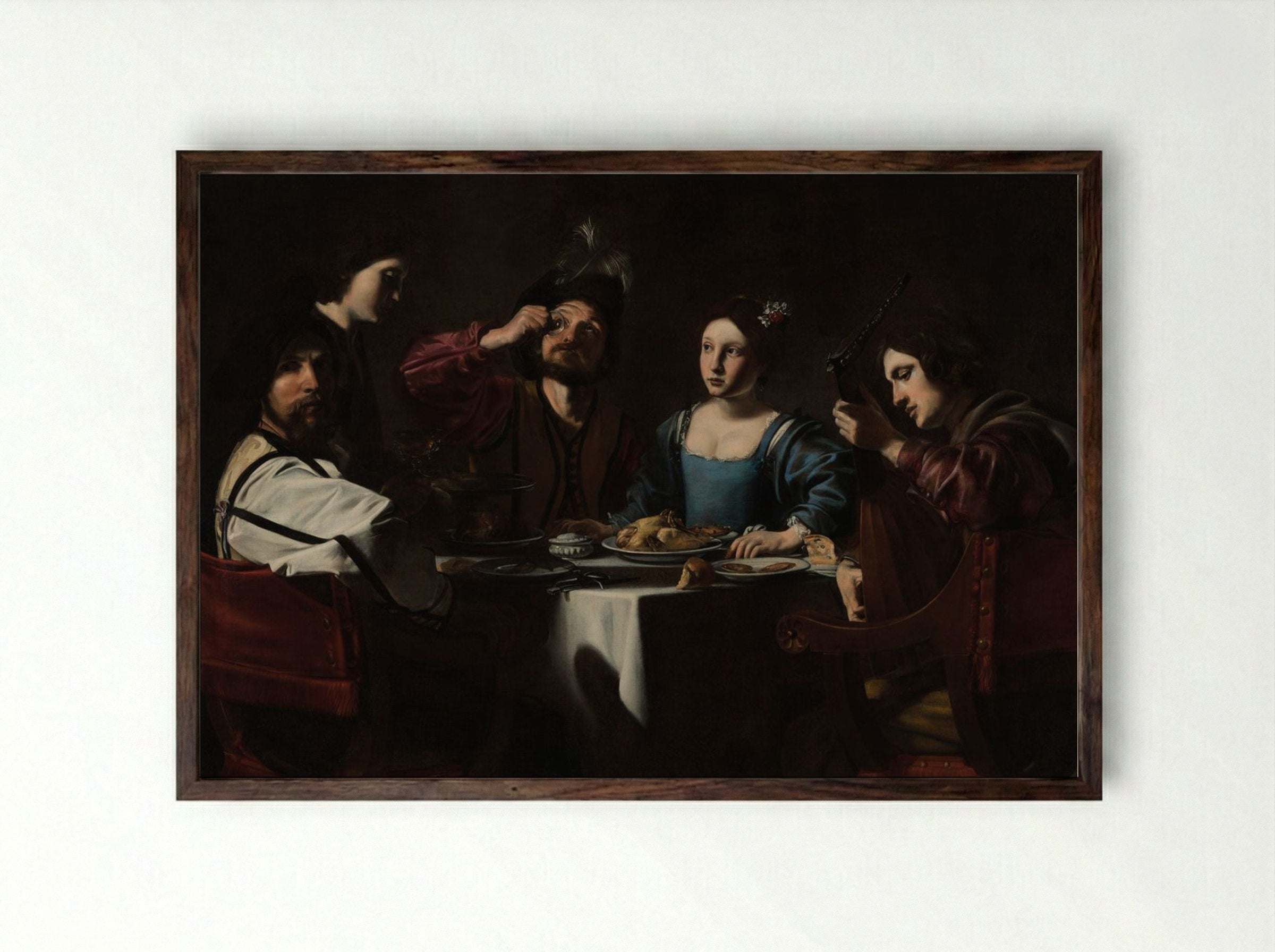 Banquet Scene with a Lute Player - Valentin de Boulogne - Framed Print Dark Wood