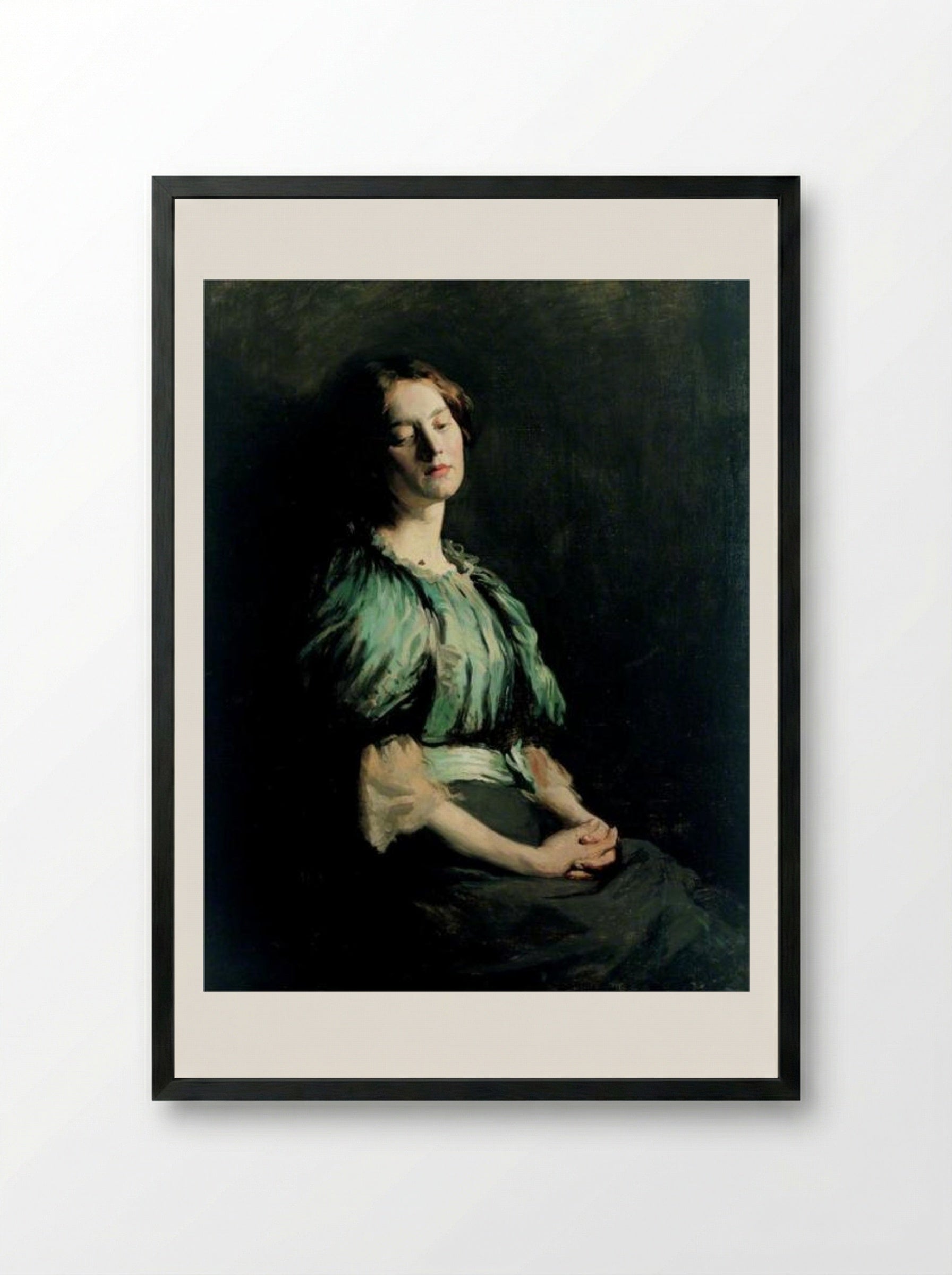 Portrait of a Girl Wearing a Green Dress - William Orpen - Framed Print Black
